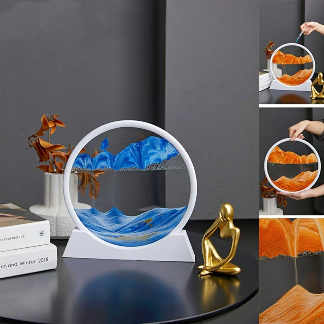 BGFJYUK Moving Sand Art Picture – 12-Inch Round Tempered Glass, Blue 3D Deep Sea Sandscapes