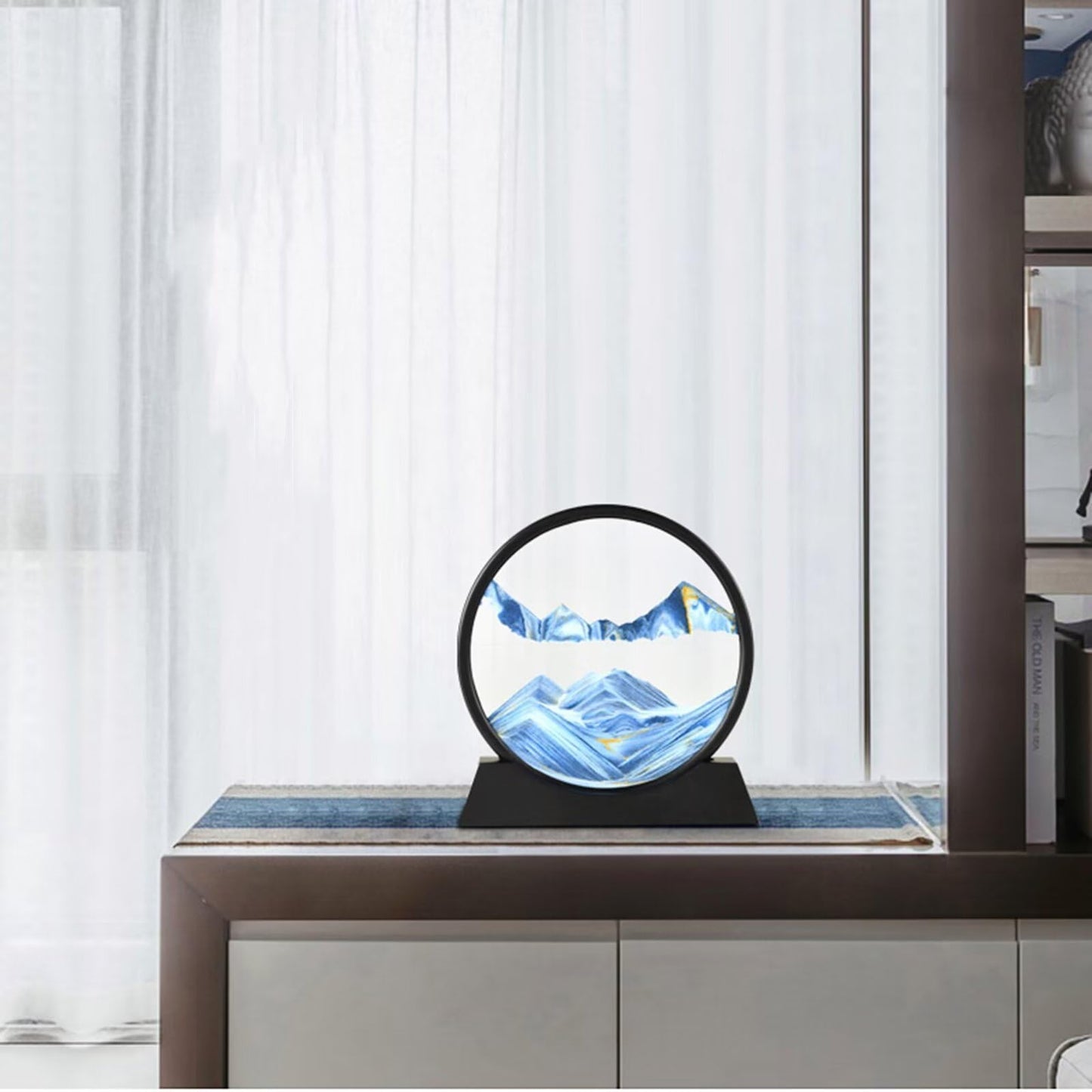 BGFJYUK Moving Sand Art Picture in Motion – 12inch Blue Round 3D Deep Sea Sandscapes for Desk and Home Decor