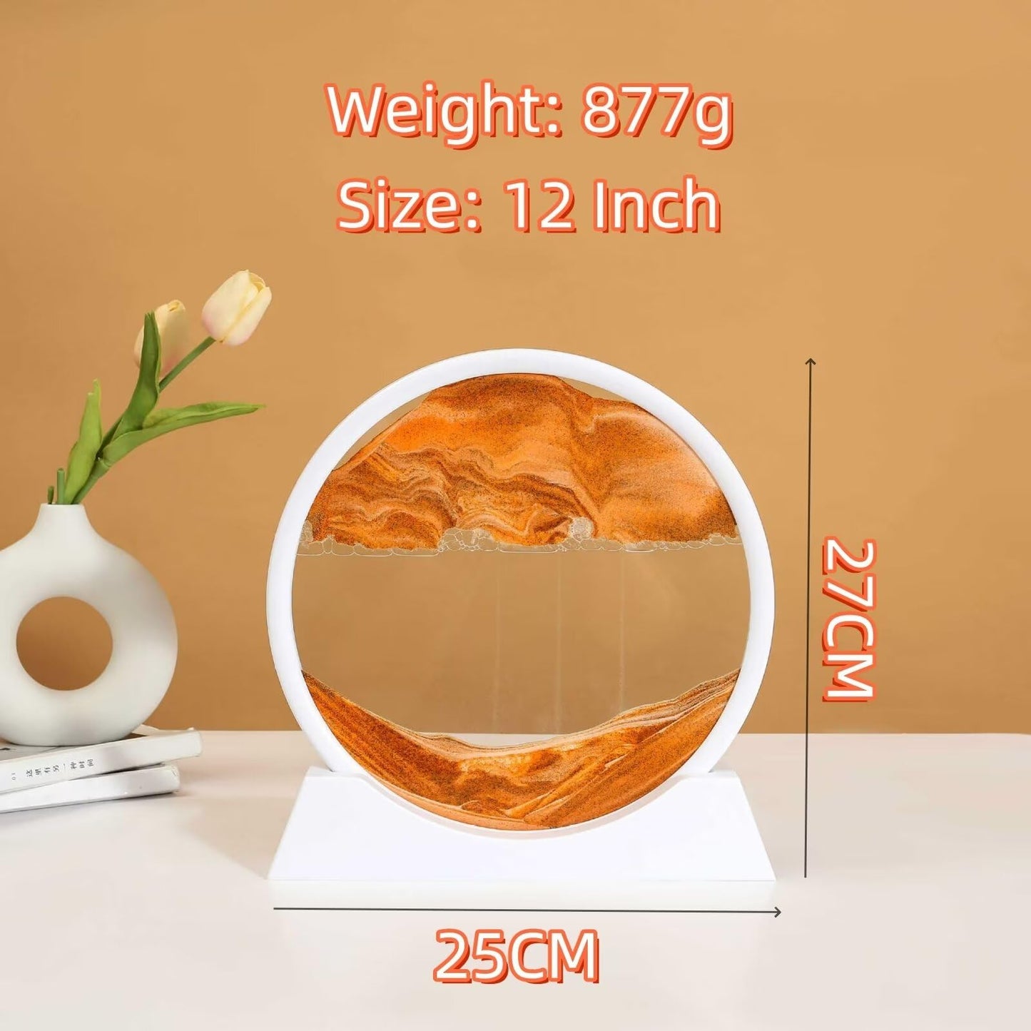 BGFJYUK Moving Sand Art Picture in Motion — Round Glass 3D Deep Sea Sandscapes, 12-Inch (White Frame, Orange Accent)