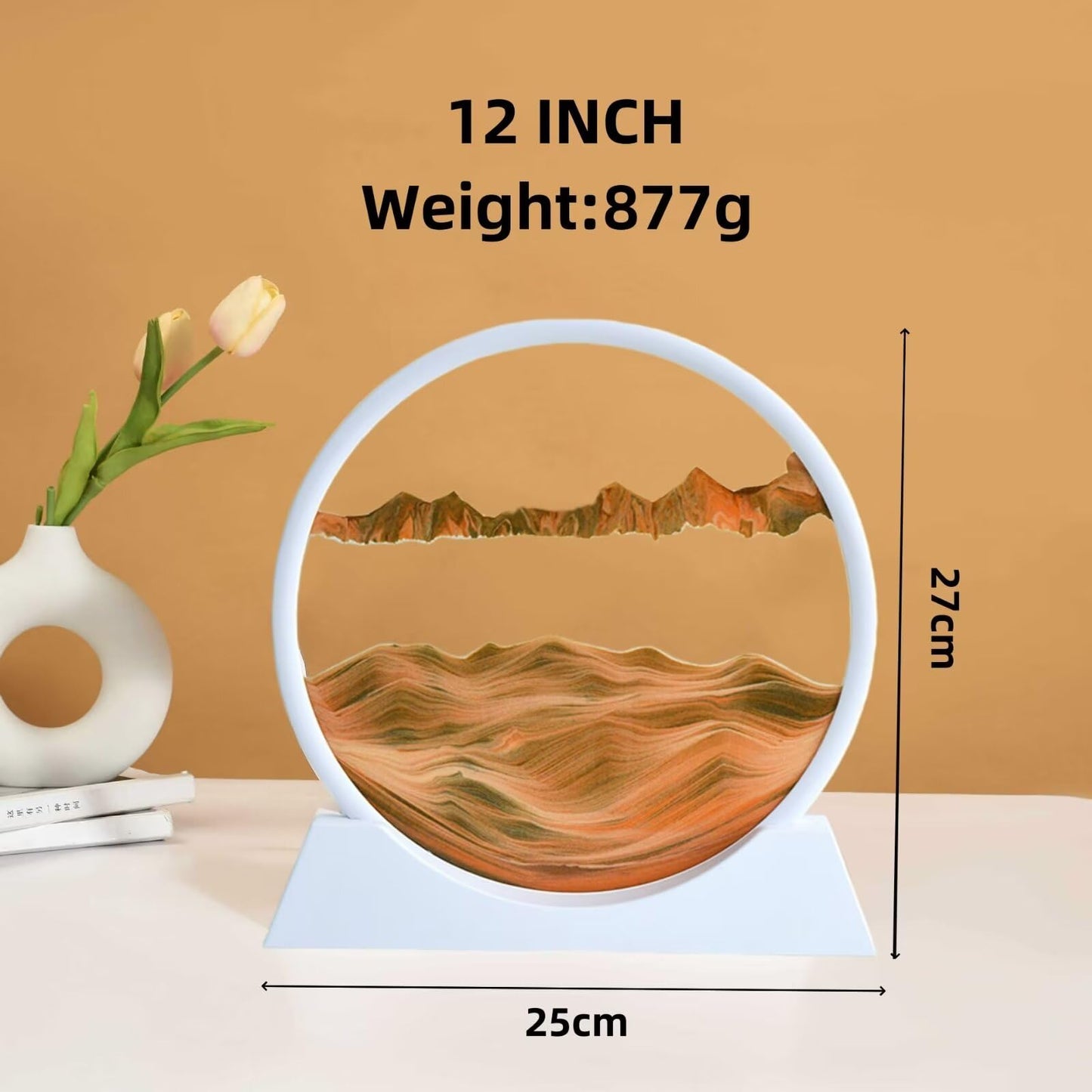 BGFJYUK Moving Sand Art Picture in Motion — Round Glass 3D Deep Sea Sandscapes, 12-Inch (White Frame, Orange Accent)