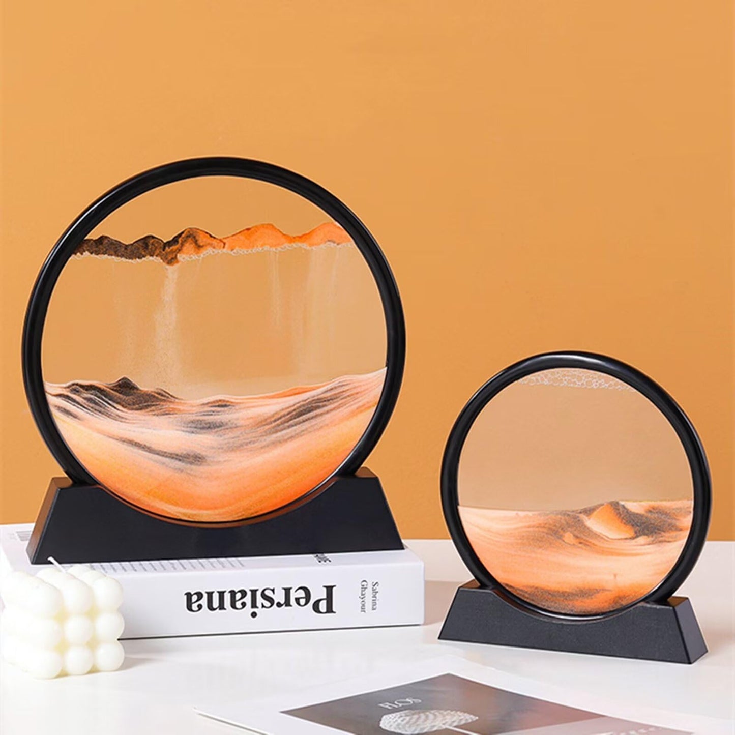 BGFJYUK Moving Sand Art Picture – 12-Inch Orange Round Glass 3D Deep Sea Sandscapes for Desk Decor
