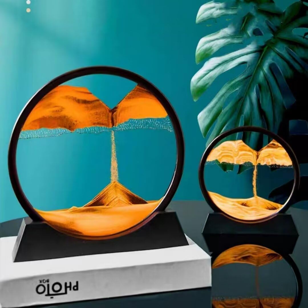 BGFJYUK Moving Sand Art Picture – 12-Inch Orange Round Glass 3D Deep Sea Sandscapes for Desk Decor