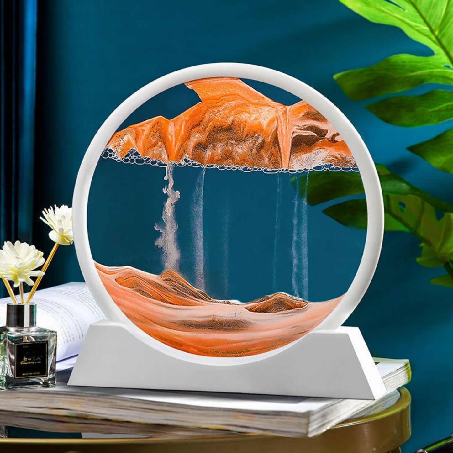 BGFJYUK Moving Sand Art Picture in Motion — Round Glass 3D Deep Sea Sandscapes, 12-Inch (White Frame, Orange Accent)
