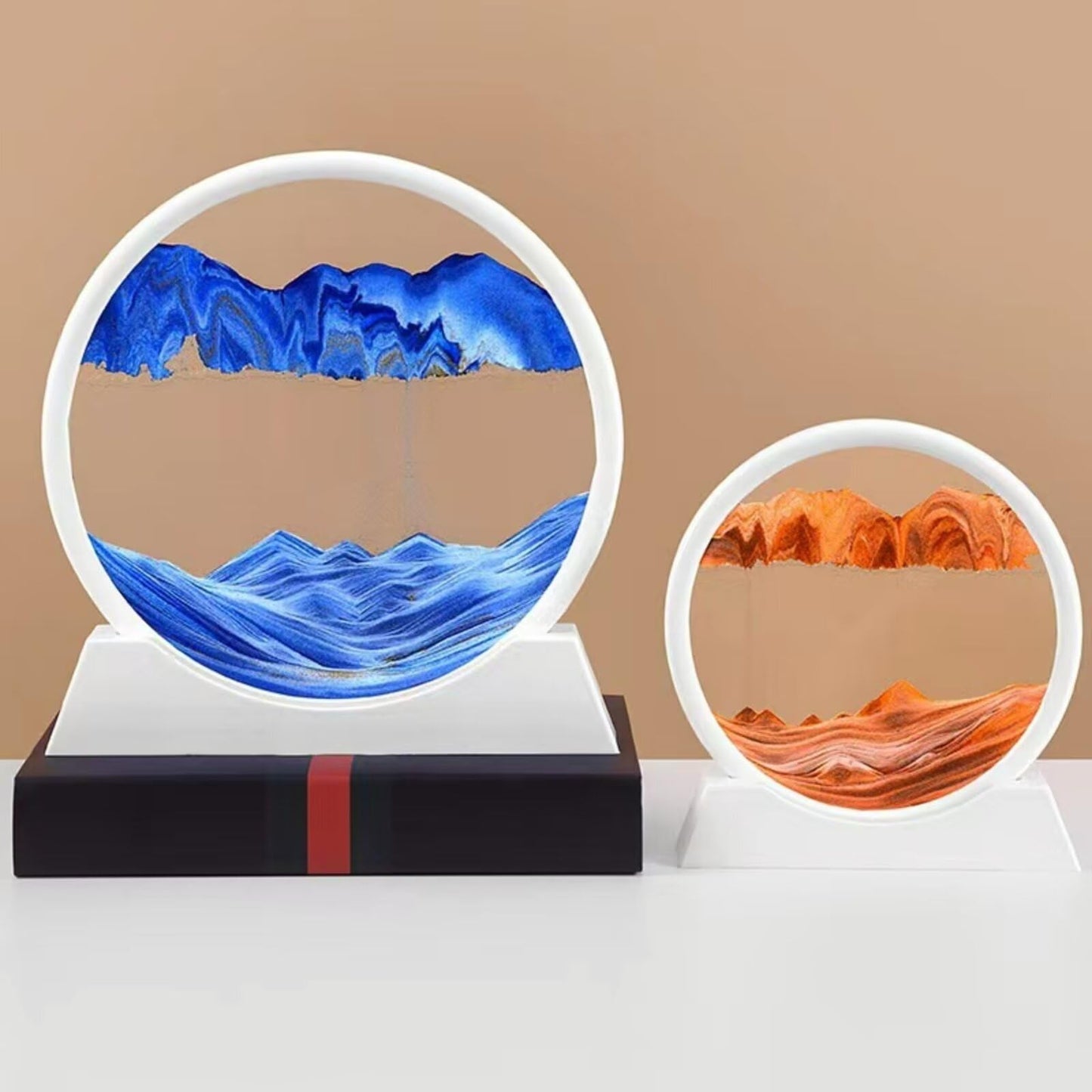 BGFJYUK Moving Sand Art Picture in Motion — Round Glass 3D Deep Sea Sandscapes, 12-Inch (White Frame, Orange Accent)