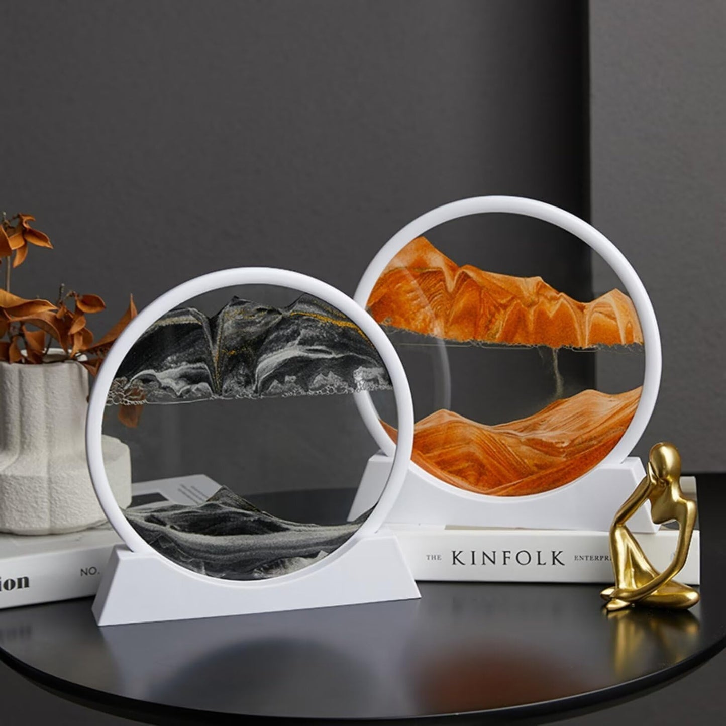 BGFJYUK Moving Sand Art Picture in Motion — Round Glass 3D Deep Sea Sandscapes, 12-Inch (White Frame, Orange Accent)