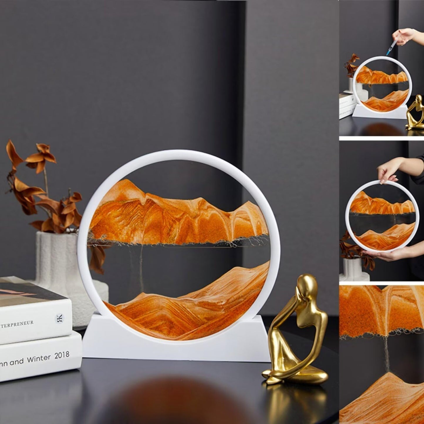 BGFJYUK Moving Sand Art Picture in Motion — Round Glass 3D Deep Sea Sandscapes, 12-Inch (White Frame, Orange Accent)
