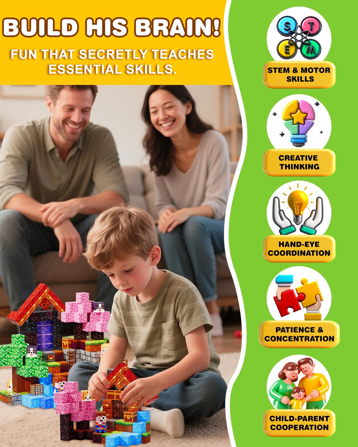 BGOVTAPO Magnetic Blocks 220-Piece Set – Large 1-Inch STEM Blocks for Kids