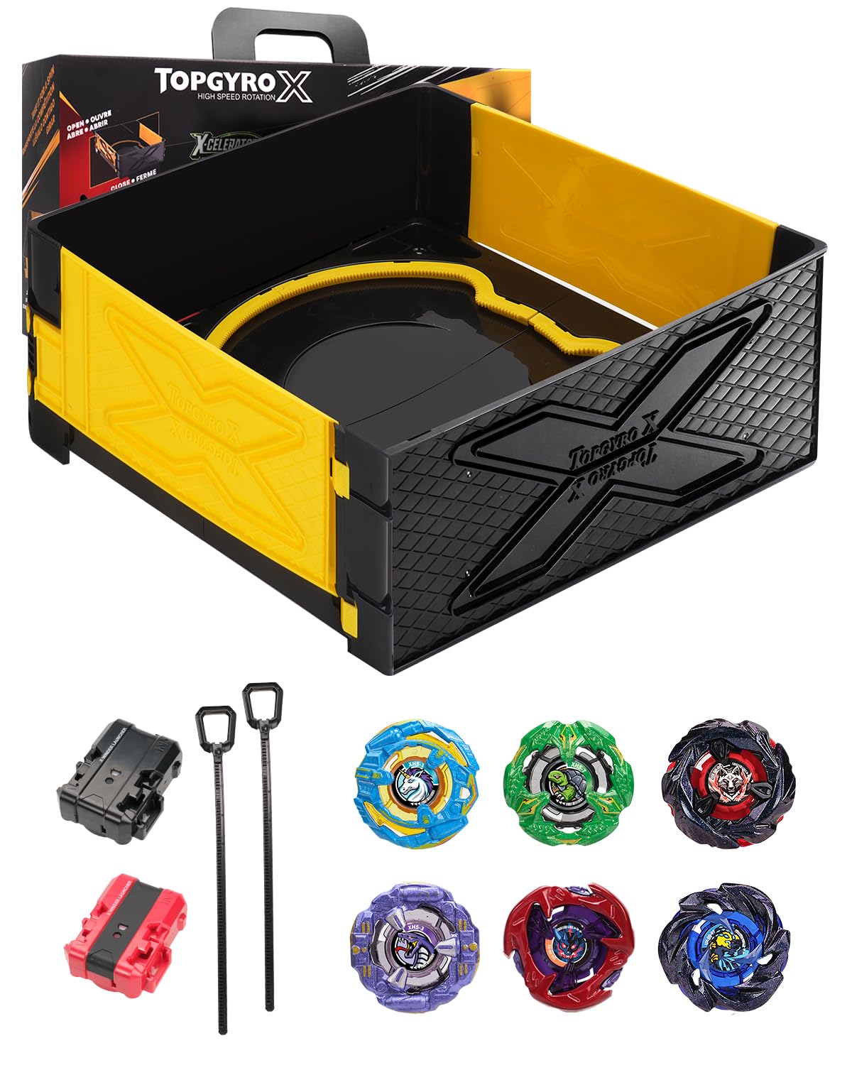 BGOVTAPO Foldable X Stadium Arena – Portable Battle Stadium with 6 Gyro Tops & 2 Launchers