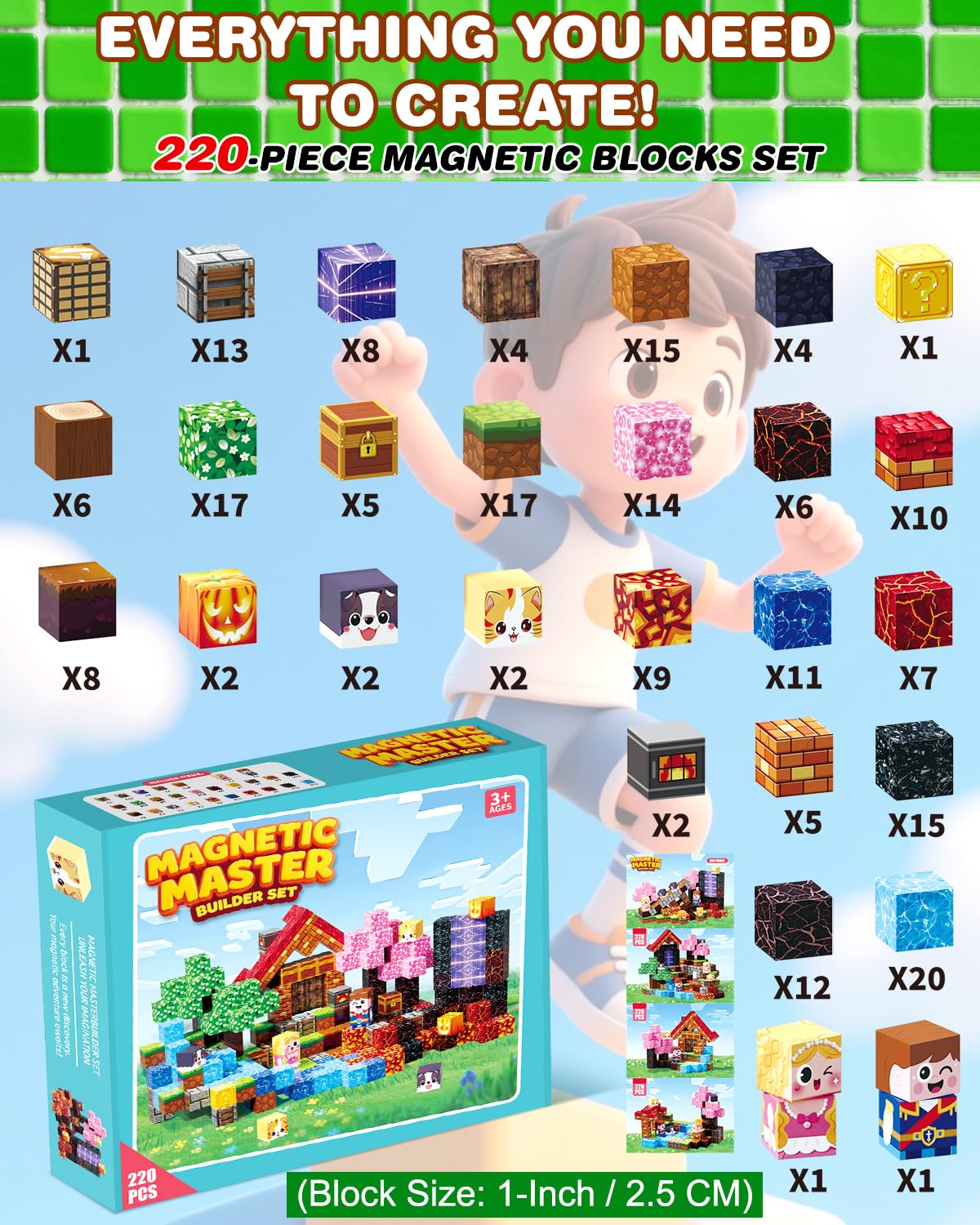 BGOVTAPO Magnetic Blocks 220-Piece Set – Large 1-Inch STEM Blocks for Kids