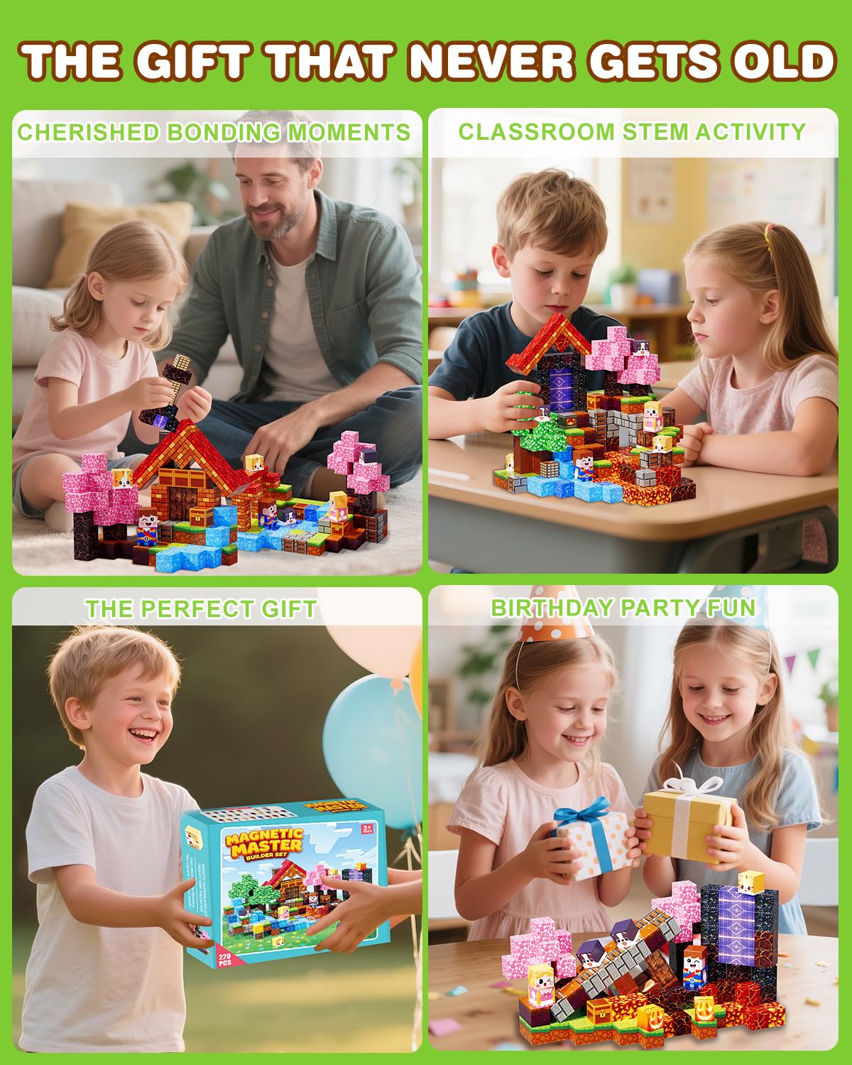 BGOVTAPO Magnetic Blocks 220-Piece Set – Large 1-Inch STEM Blocks for Kids