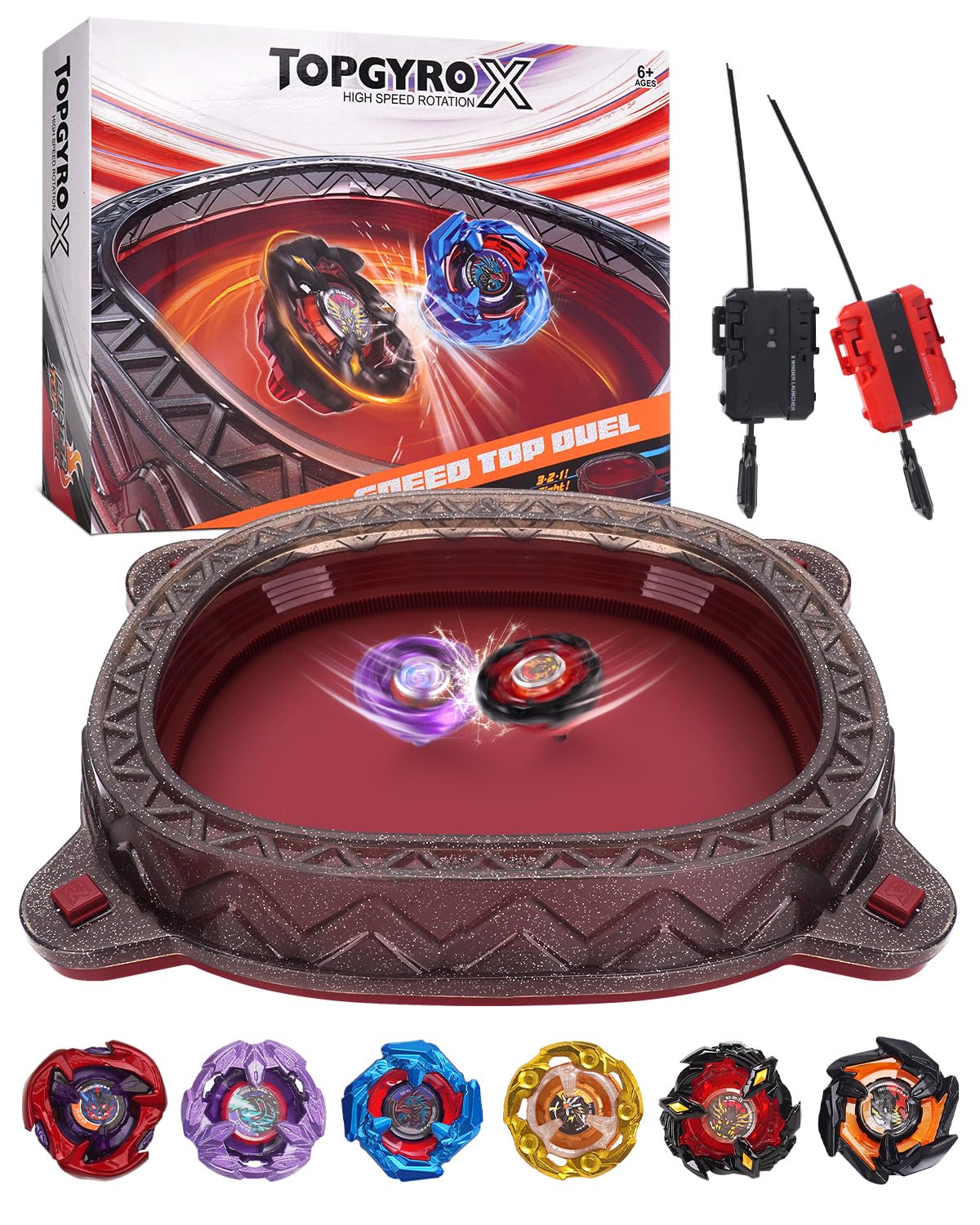 BGOVTAPO X Stadium Starter Kit – Ultimate Spin Top Battle Set with 6 Tops, 2 Launchers & Arena | Ages 6+