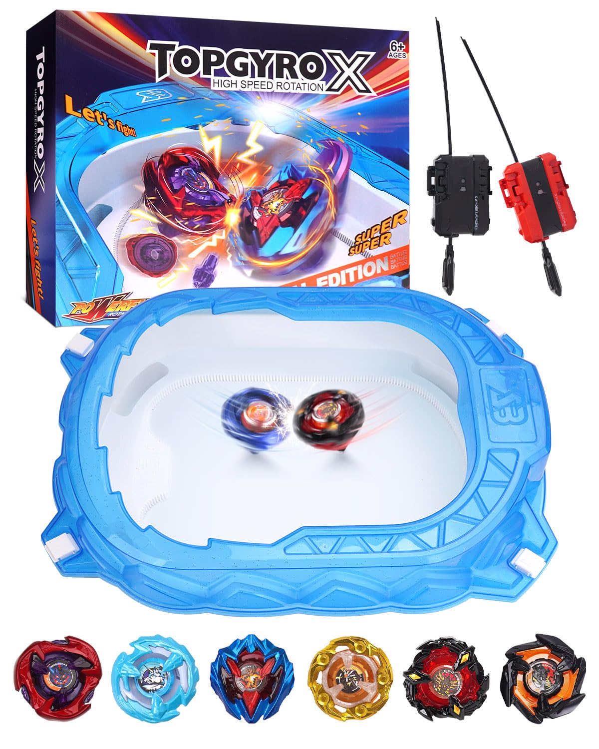 BGOVTAPO X Stadium Starter Kit – 6 Battle Tops Arena, 2 Launchers, Acceleration Track