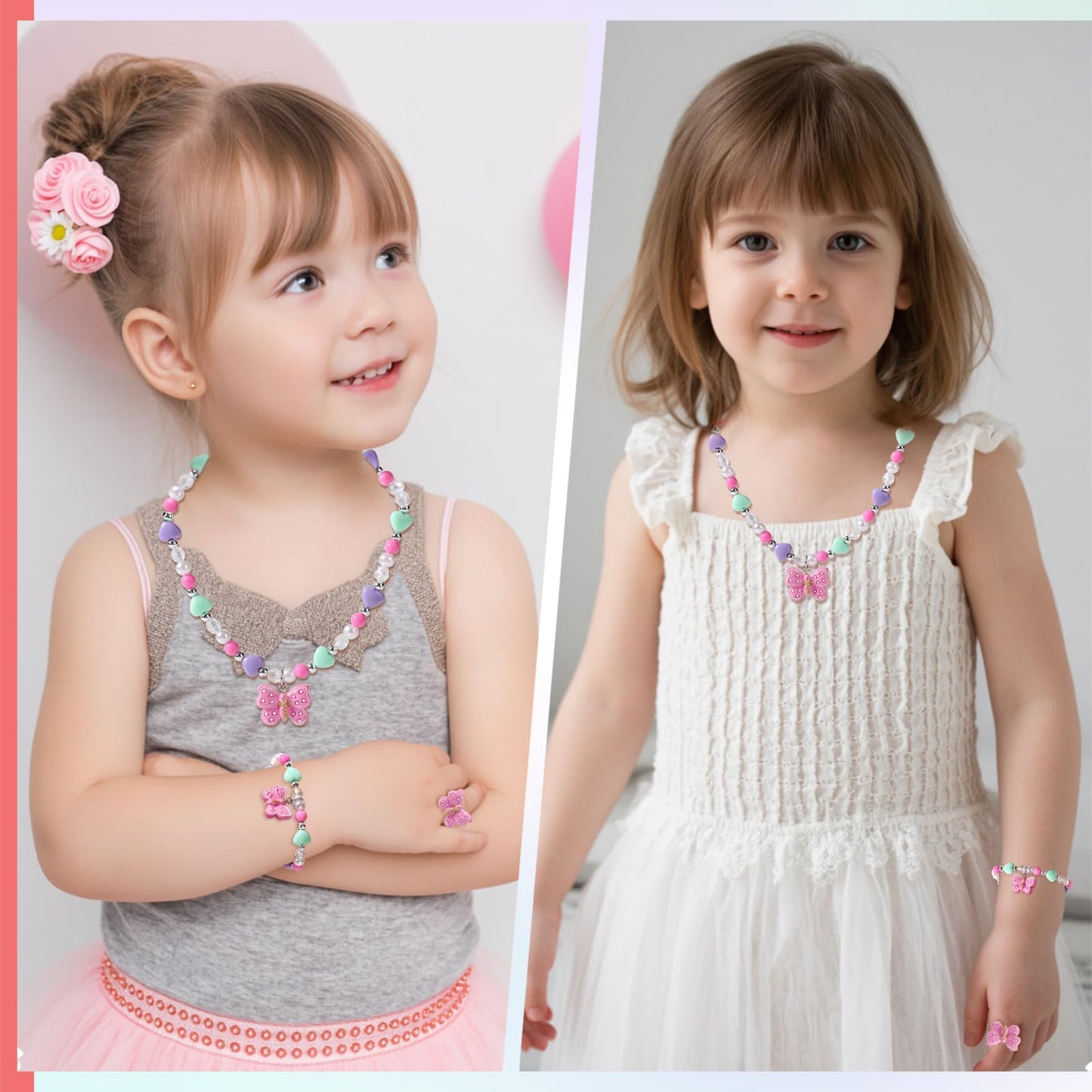BGSHEMNI Girls Butterfly Jewelry Set — Necklace, Bracelet & Ring for Toddlers (Ages 3+)