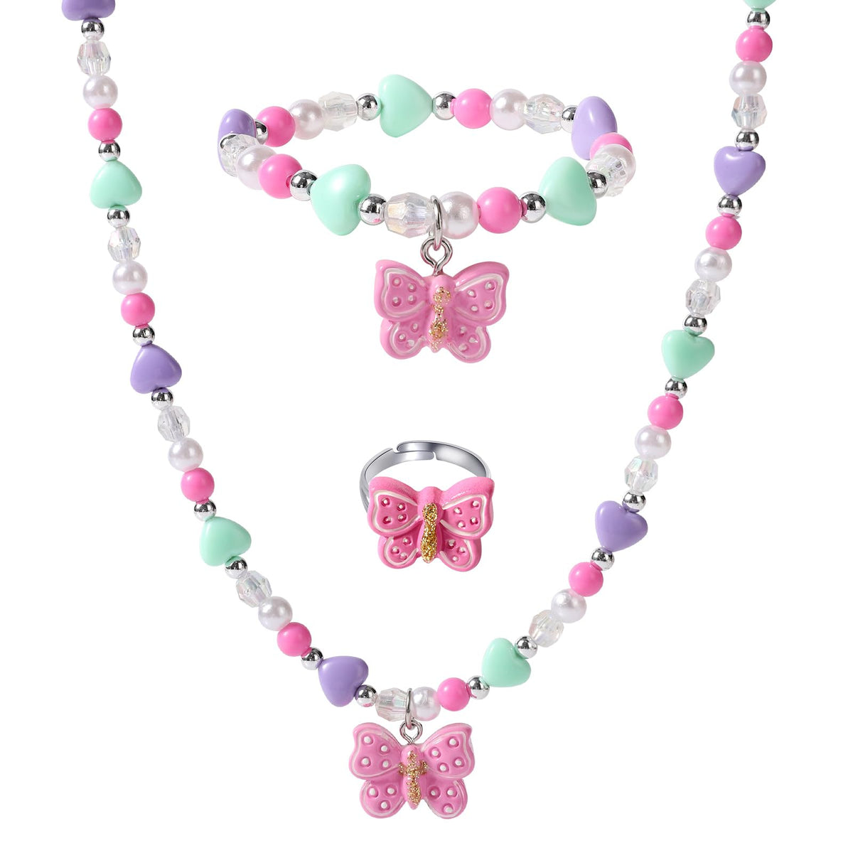 BGSHEMNI Girls Butterfly Jewelry Set — Necklace, Bracelet & Ring for Toddlers (Ages 3+)