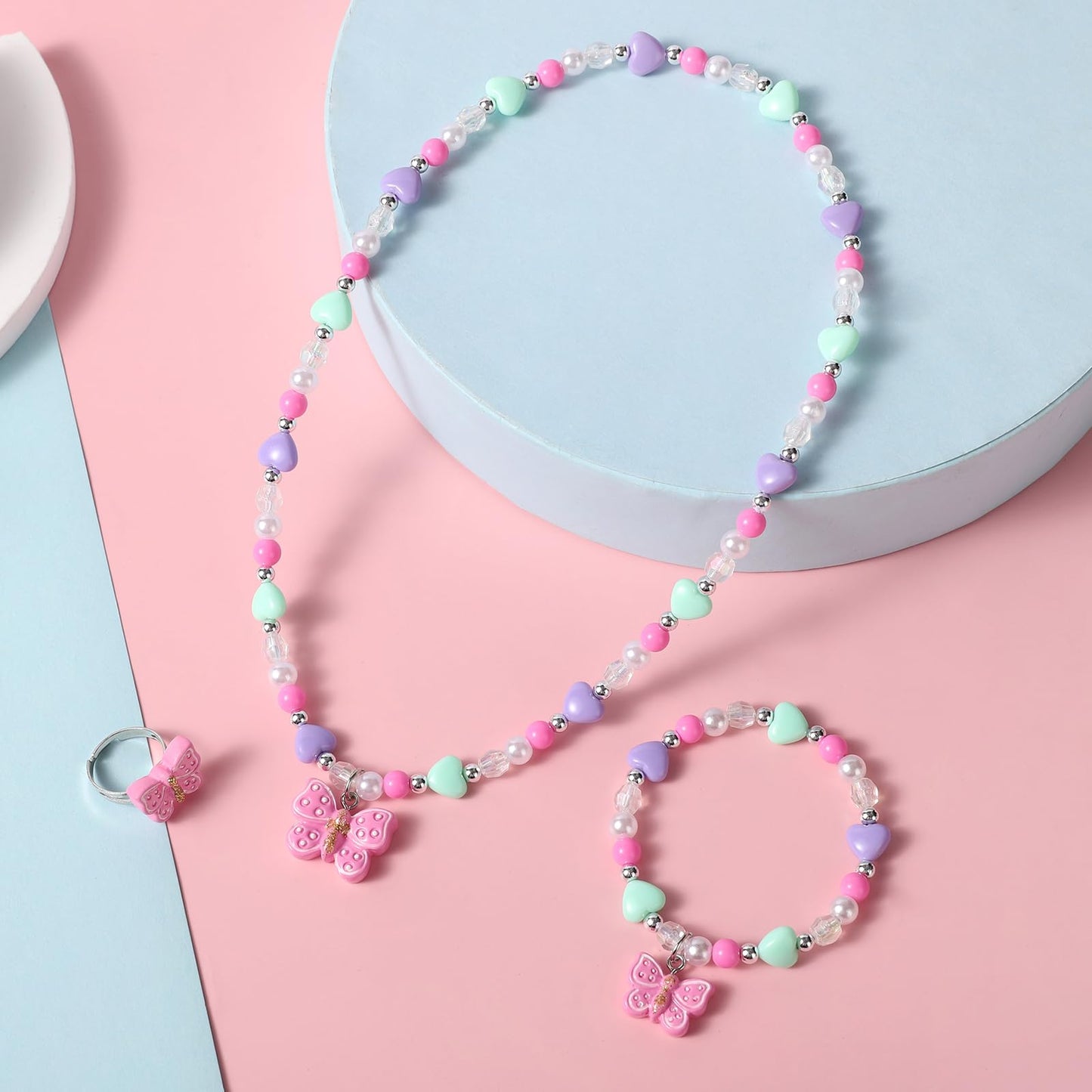 BGSHEMNI Girls Butterfly Jewelry Set — Necklace, Bracelet & Ring for Toddlers (Ages 3+)