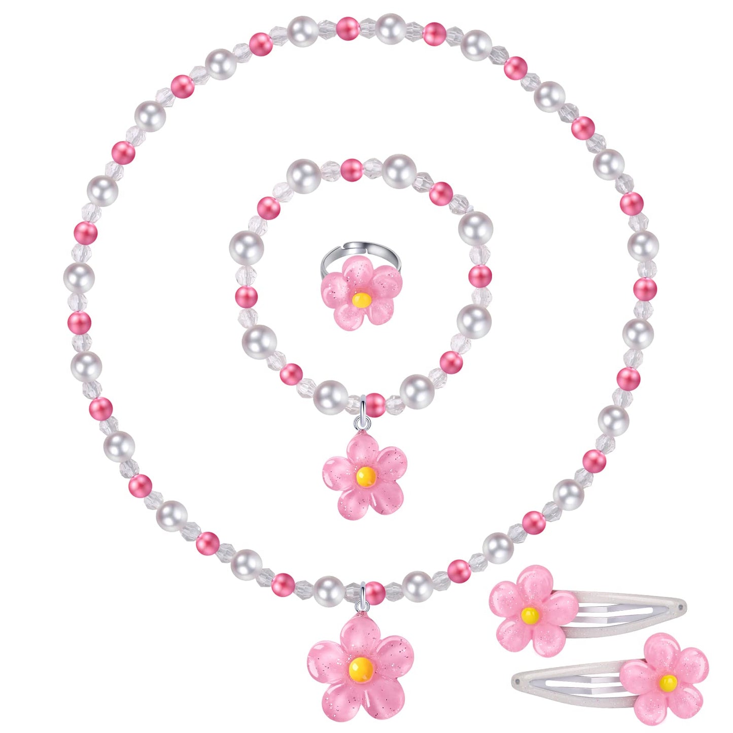 BGSHEMNI Girls Flower Jewelry Set – 5-Piece Toddler Dress-Up Accessories
