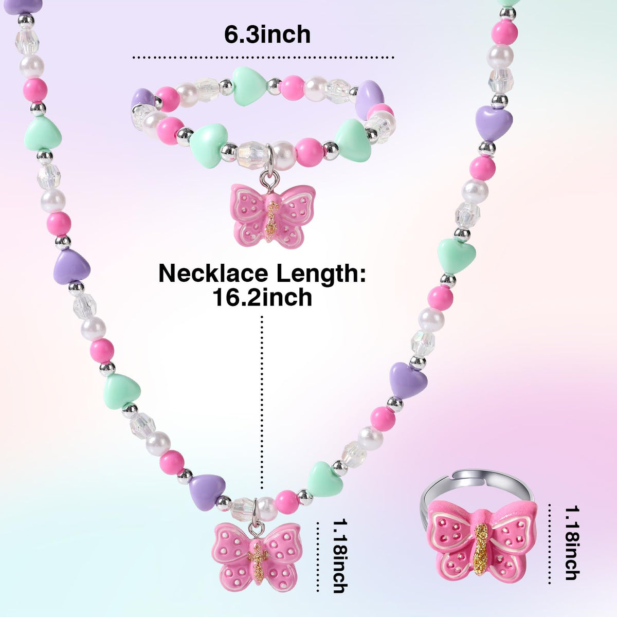 BGSHEMNI Girls Butterfly Jewelry Set — Necklace, Bracelet & Ring for Toddlers (Ages 3+)