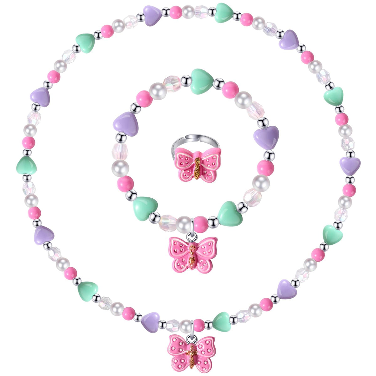 BGSHEMNI Girls Butterfly Jewelry Set — Necklace, Bracelet & Ring for Toddlers (Ages 3+)