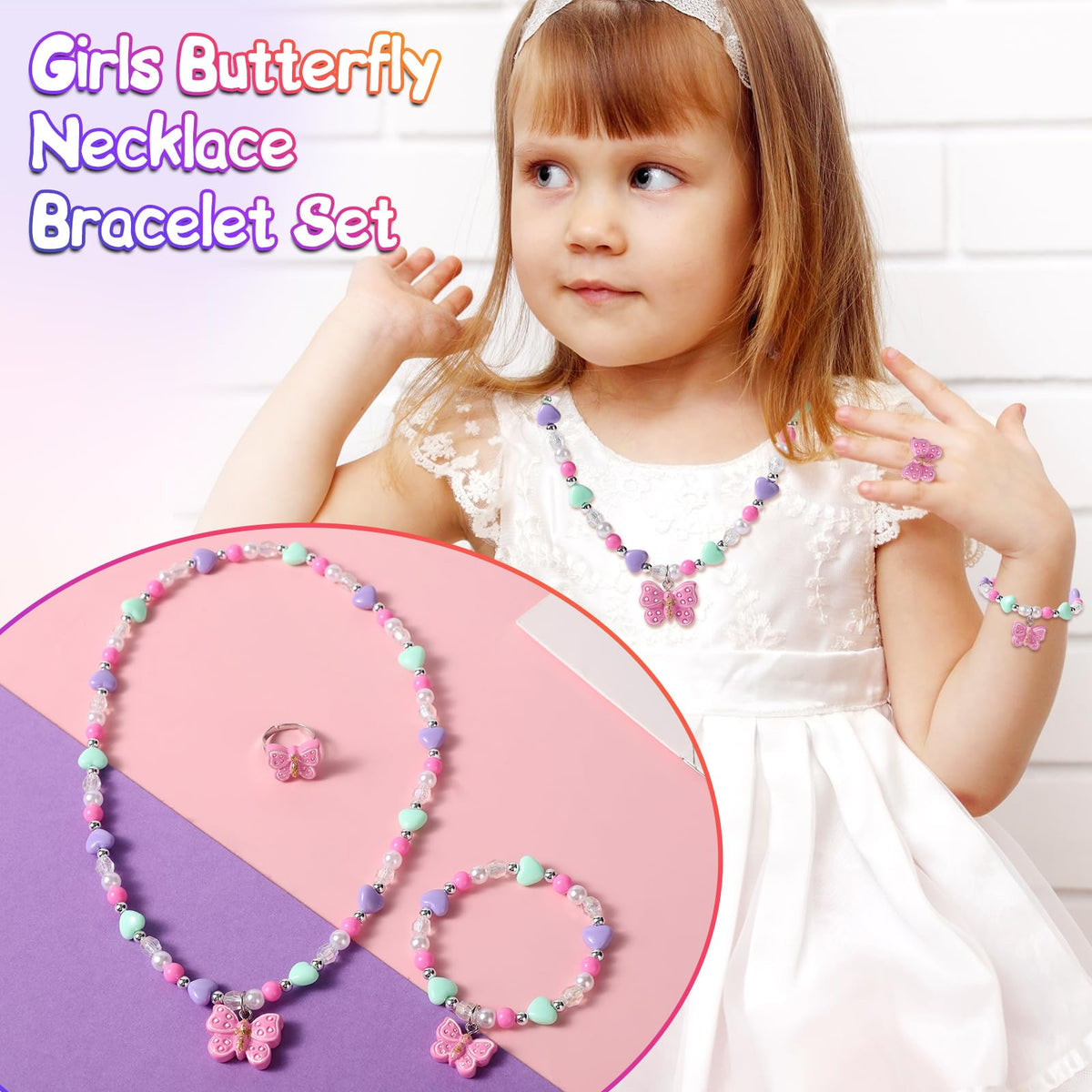 BGSHEMNI Girls Butterfly Jewelry Set — Necklace, Bracelet & Ring for Toddlers (Ages 3+)