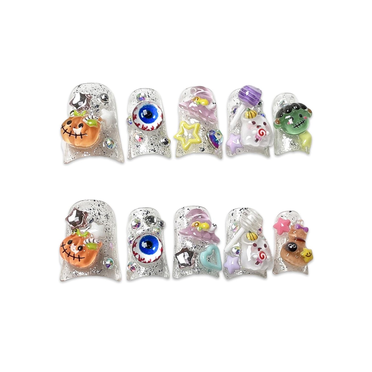 BHOOKA Halloween Press On Nails - Short Duck Size S with 3D Ghost & Pumpkin Designs