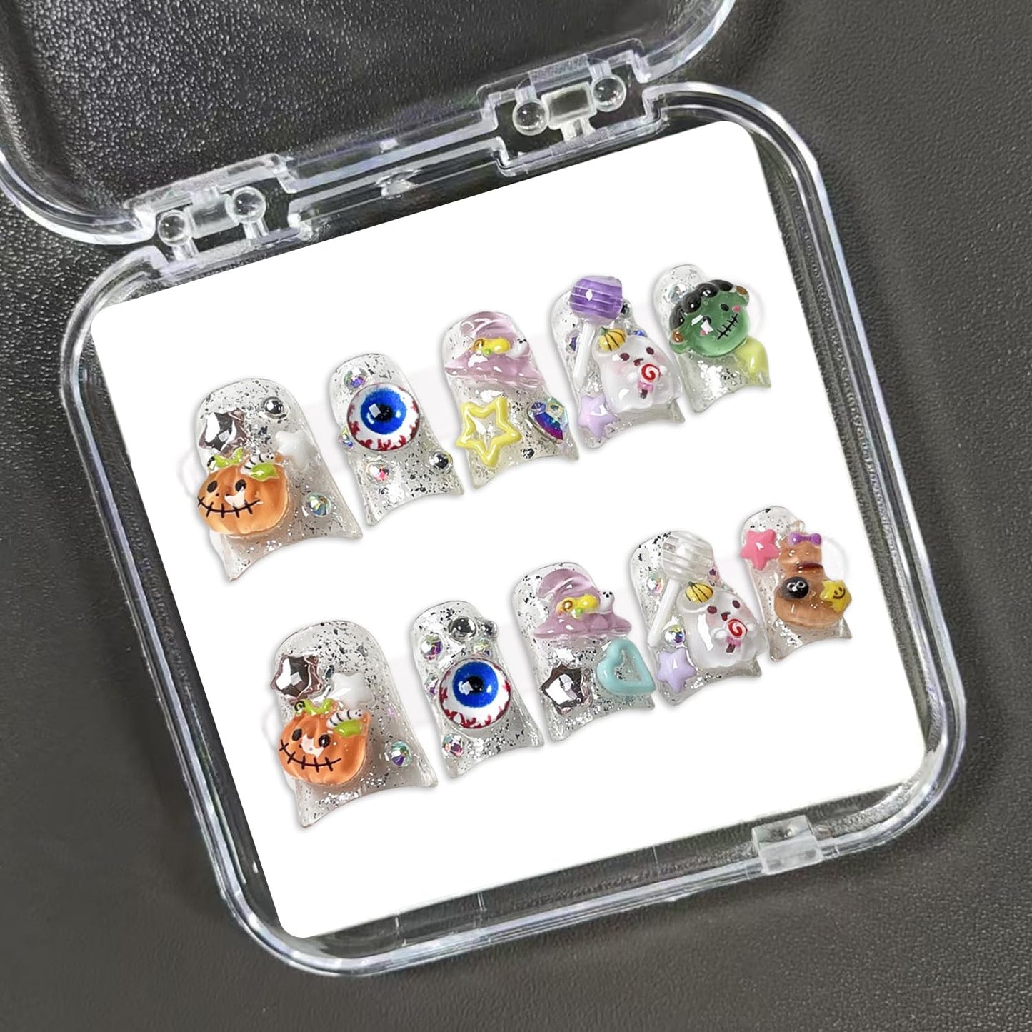 BHOOKA Halloween Press On Nails - Short Duck Size S with 3D Ghost & Pumpkin Designs