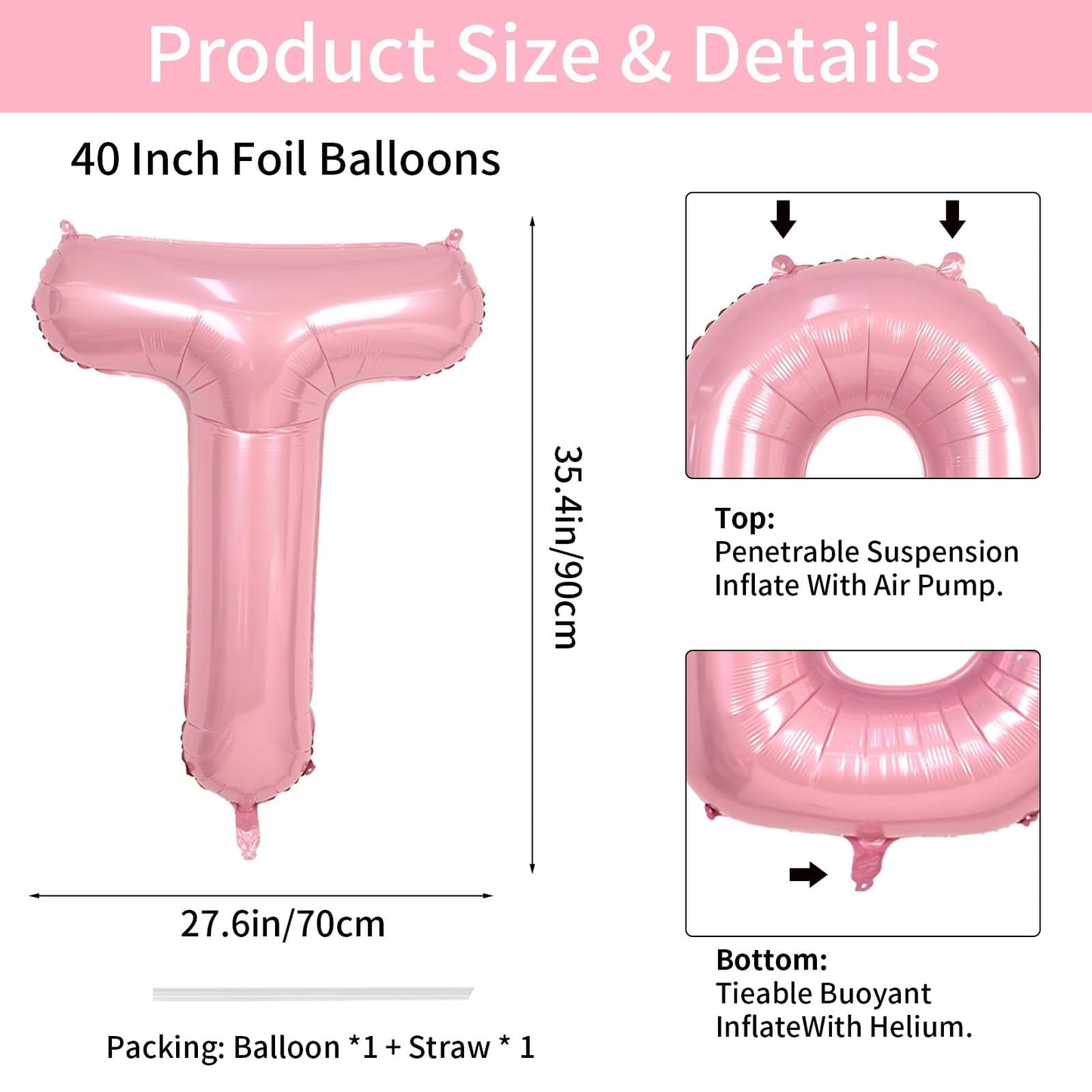 Biapian 40-Inch Light Pink T Letter Balloon – Giant Foil Alphabet Balloon with Straw