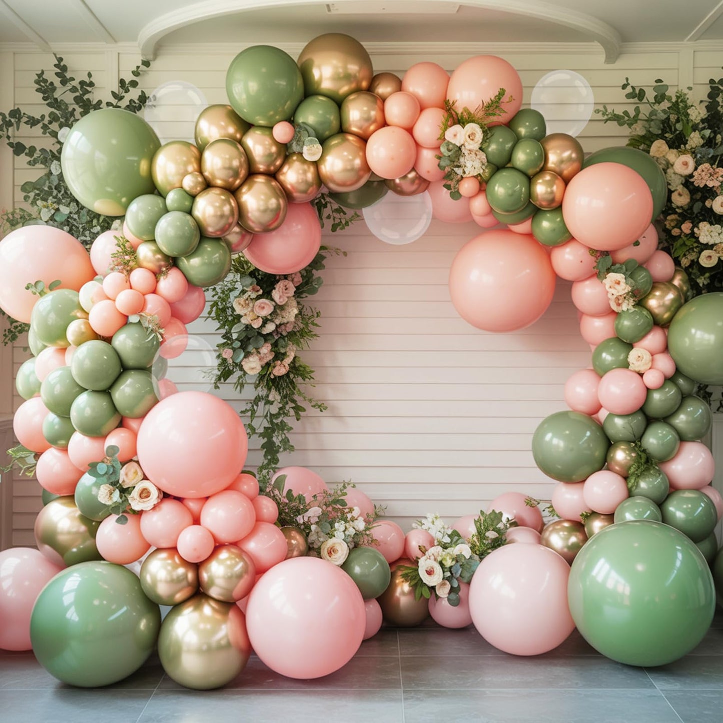 Biapian Retro Sage Green & Pink Balloons – 12in Metallic Gold, Olive Green & Clear Latex