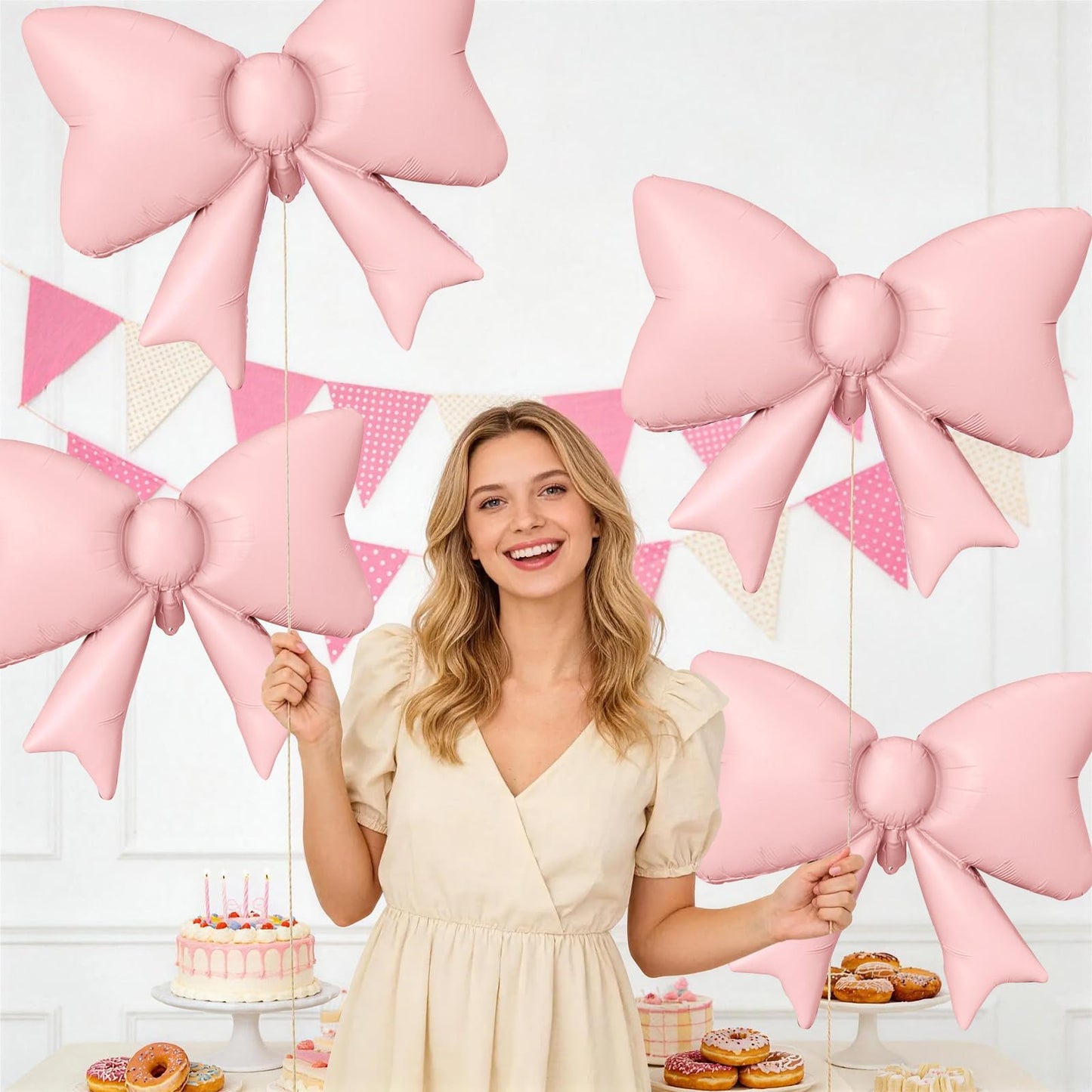 Biapian 6Pcs Pastel Pink Bow Balloons – 35-Inch Foil Balloons for Weddings, Birthdays, Baby Showers
