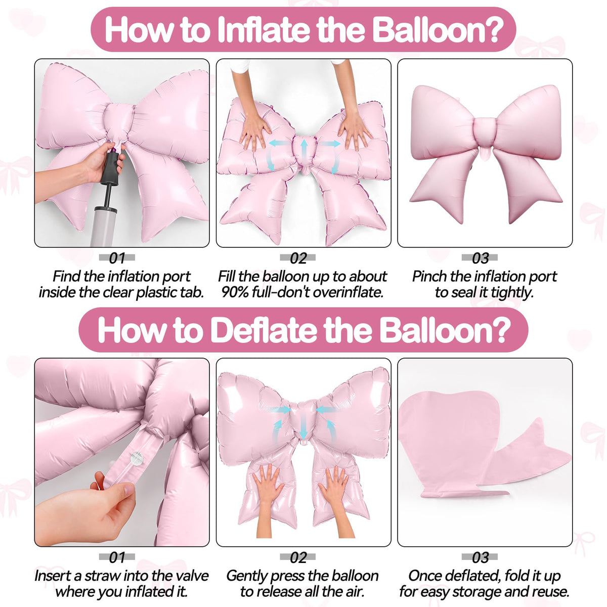Biapian 6 Pcs Pink Bow Balloons - 38 Inch Giant Foil Balloons for Princess Parties