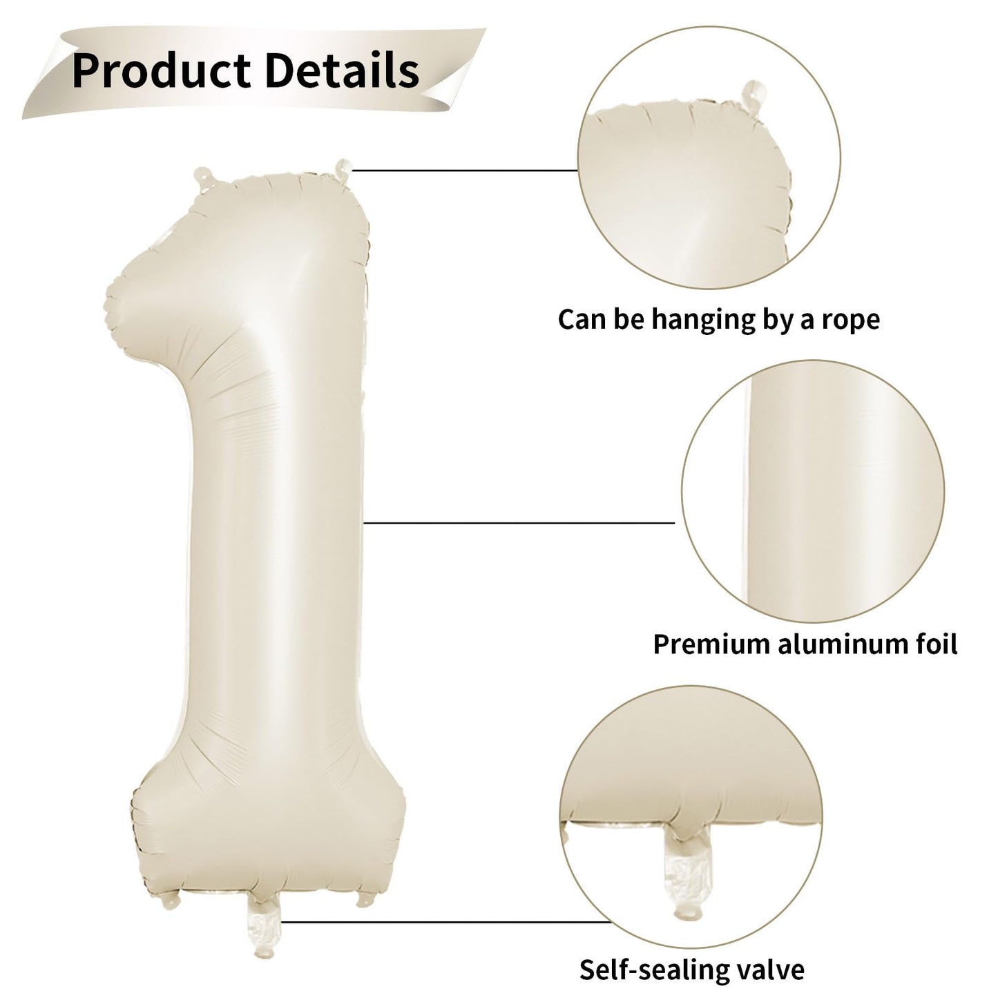 Biapian 40-Inch Cream Number 1 Balloon — Giant 1st Birthday Foil Balloon