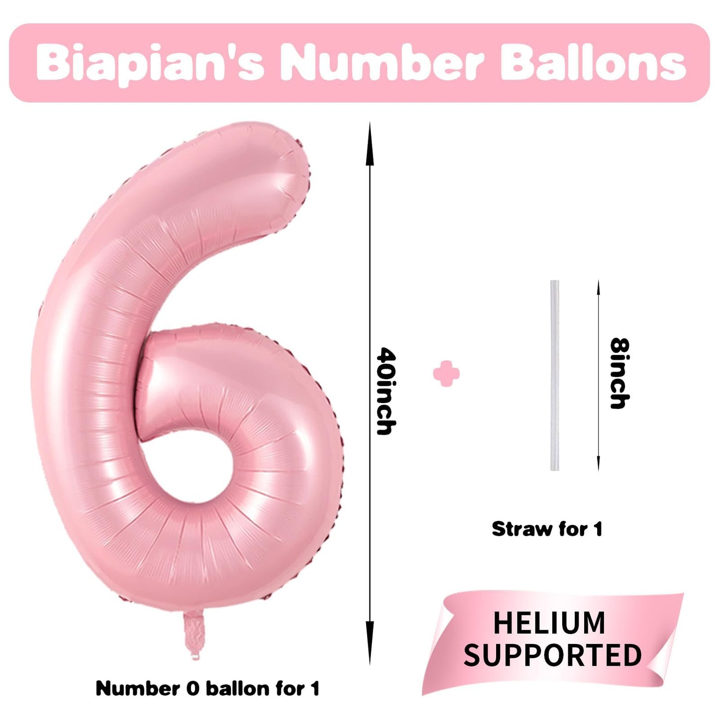 Biapian Pastel Pink 40-Inch Number 6 Balloon – Foil Balloons for Girls