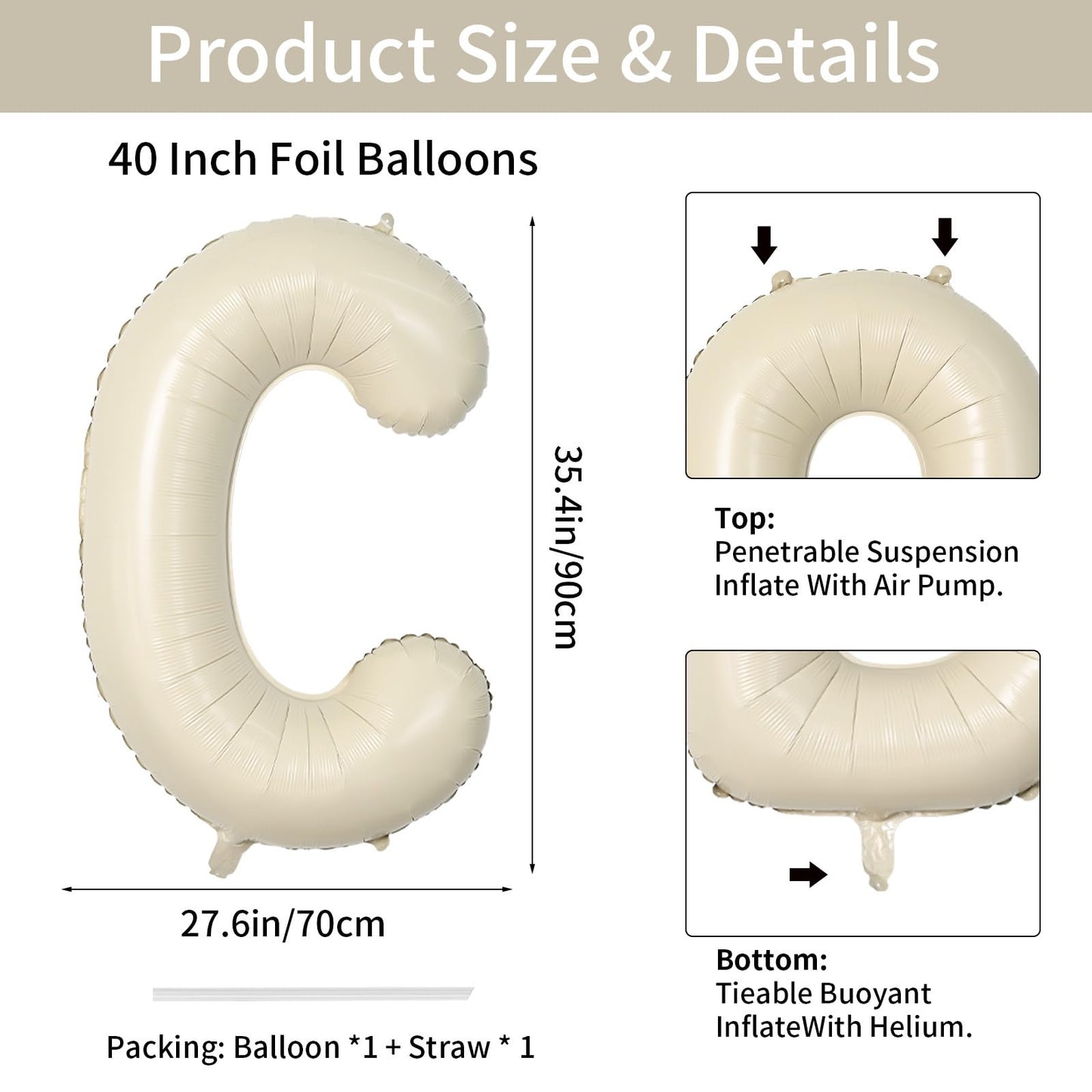 Biapian 40-Inch Cream Letter C Balloon – Giant Foil Alphabet for Birthday, Baby Shower, Wedding