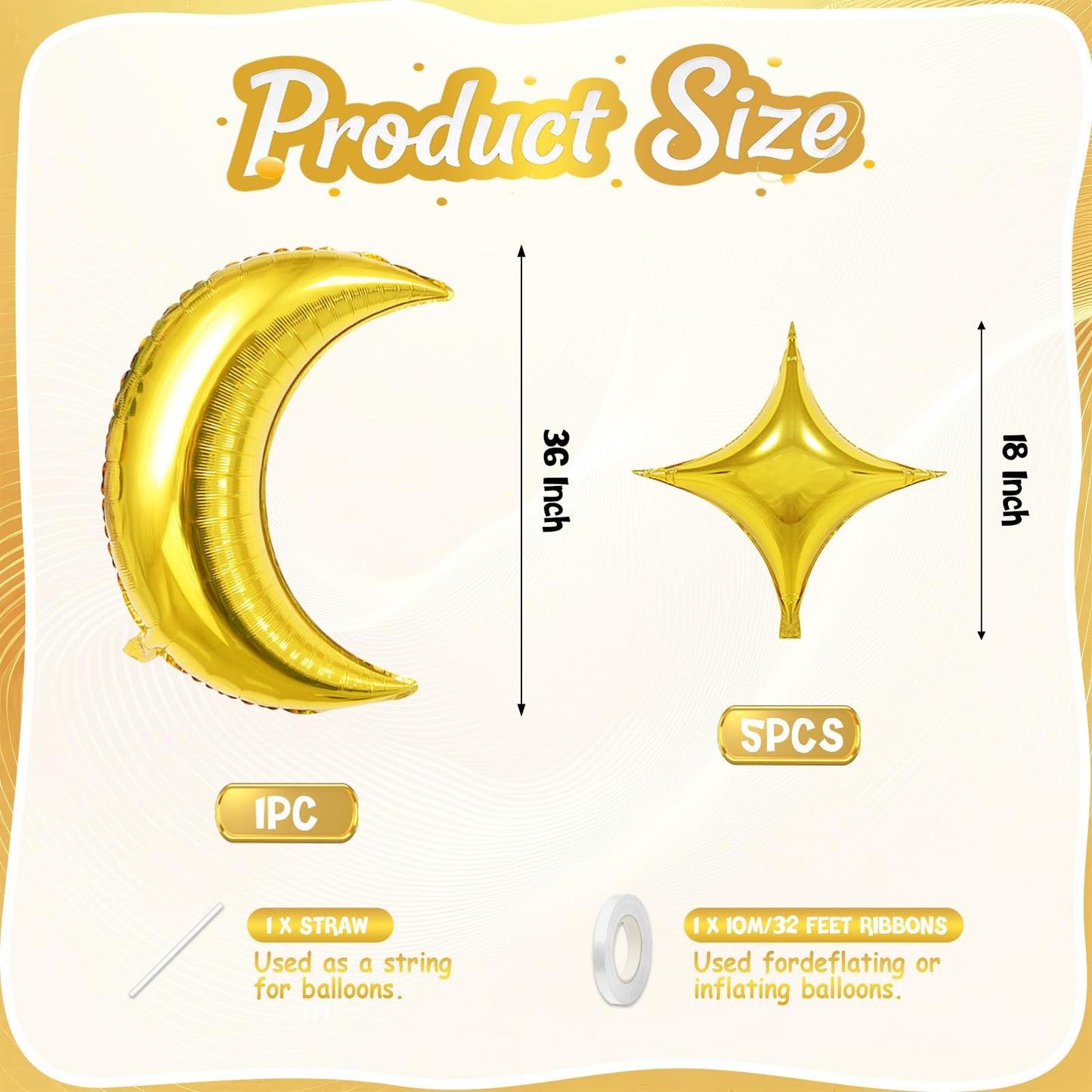 Biapian Moon & Star Balloons – 36-inch Gold Moon + 18-inch Gold Star Foil for Ramadan, Eid, Weddings