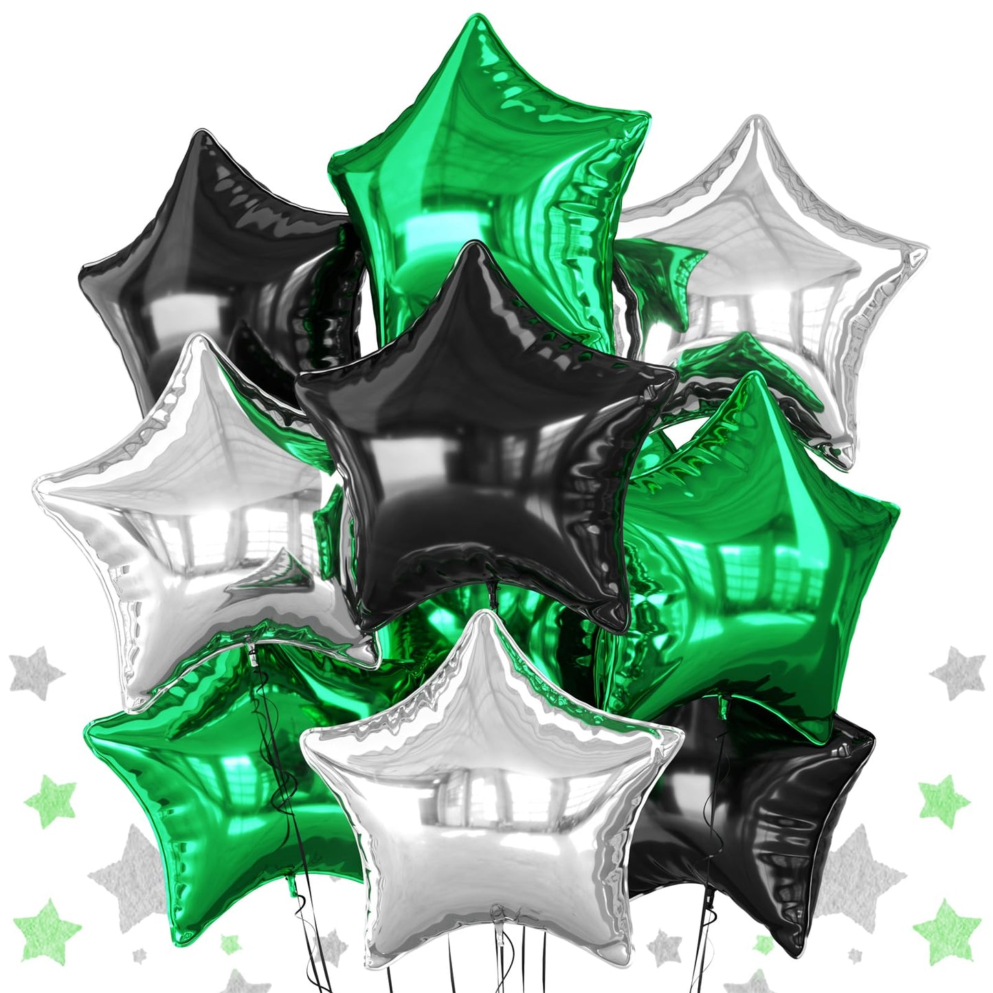 Biapian Green Black Silver Star Foil Balloons – 18in 10pc Set for Birthdays, Graduations & Parties