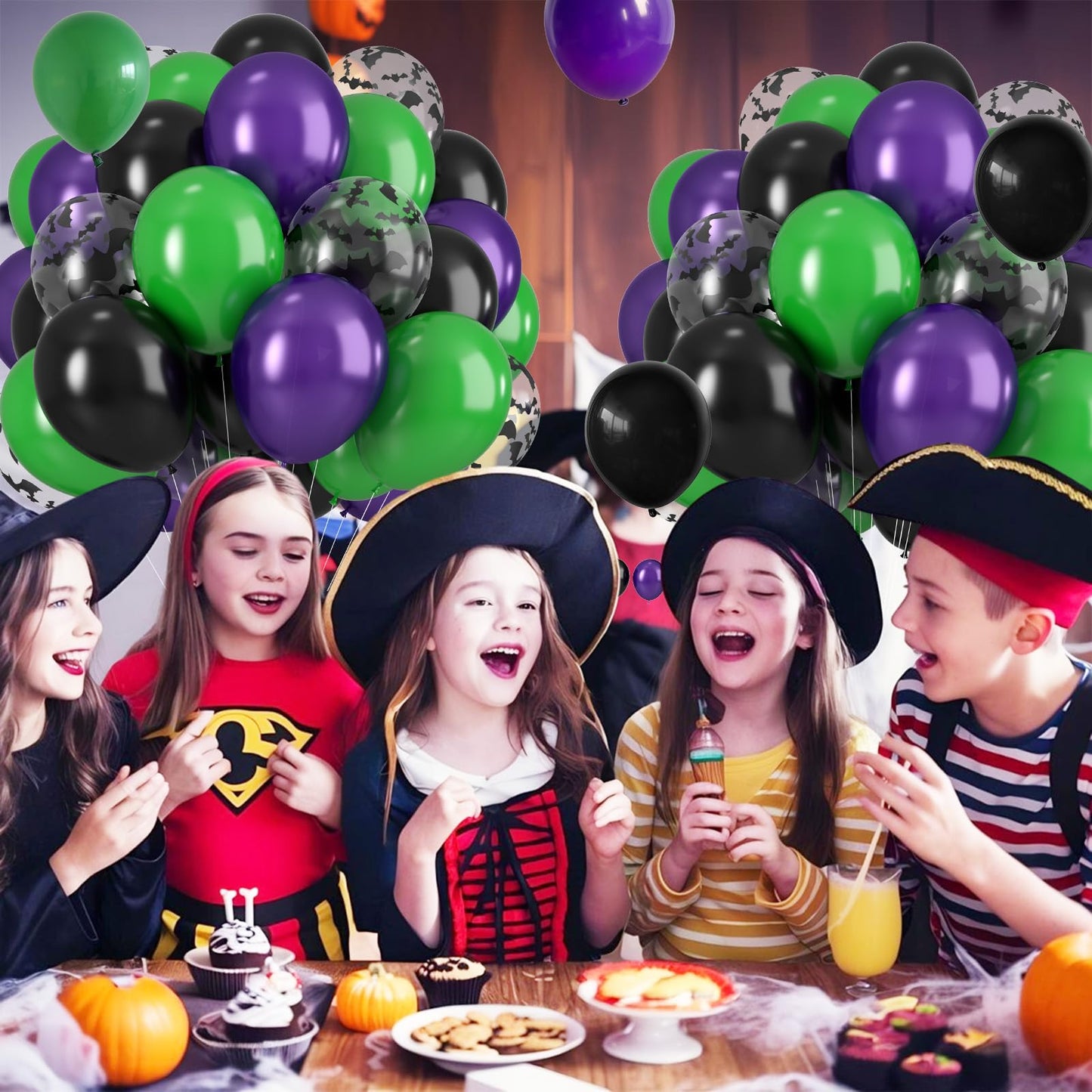 Biapian Halloween Balloons – 12in Bat-Printed Latex Balloons in Green, Black & Purple