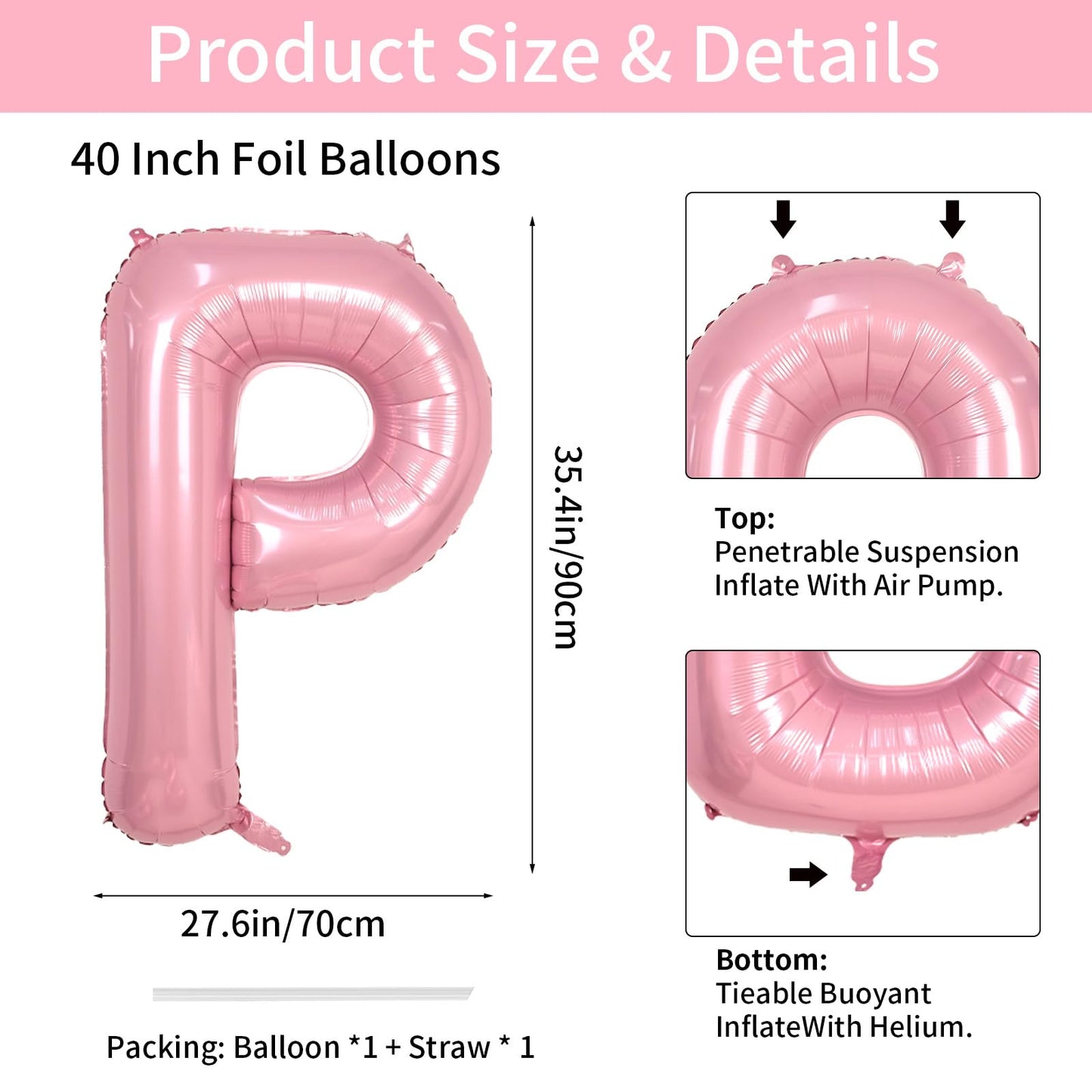 Biapian 40-Inch Light Pink Letter P Balloon – Giant Alphabet Foil with Straw