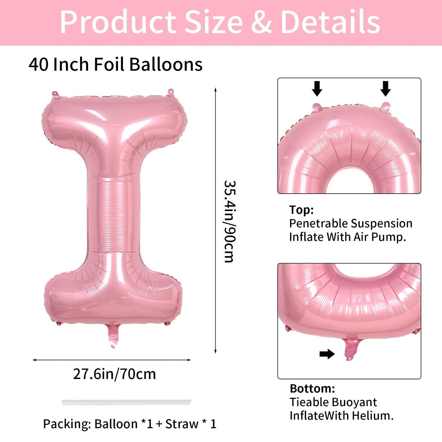 Biapian 40-Inch Pink I Balloon – Giant Pastel Foil Letter Balloon for Birthday & Party Decor