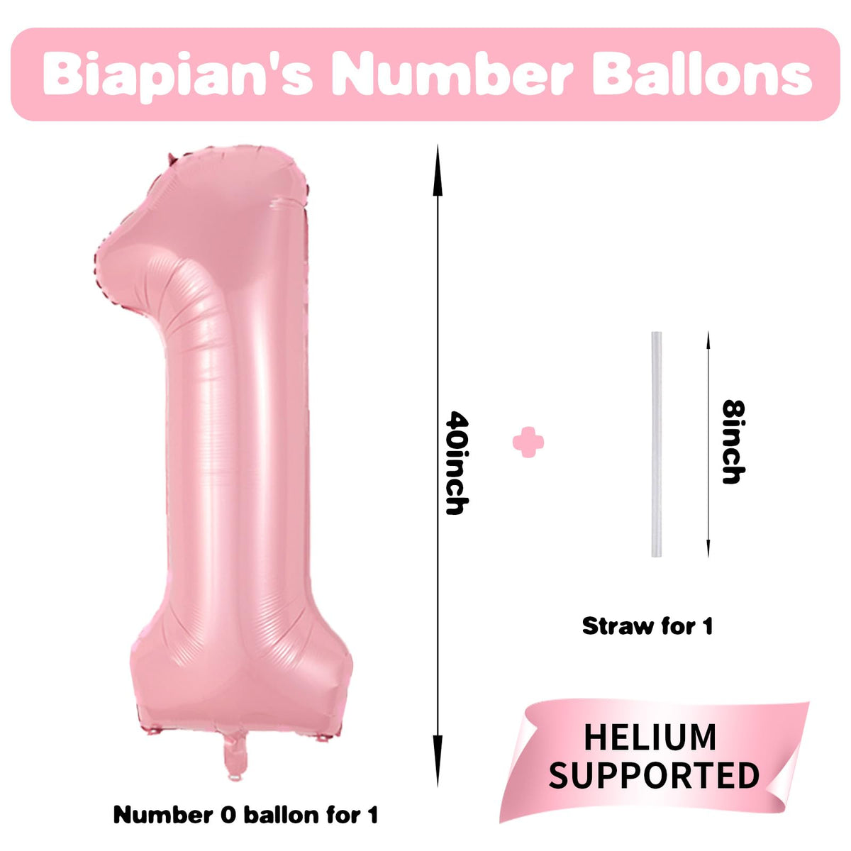 Biapian 40-Inch Pink Number 1 Balloon – Large Pastel Foil Balloon for First Birthday