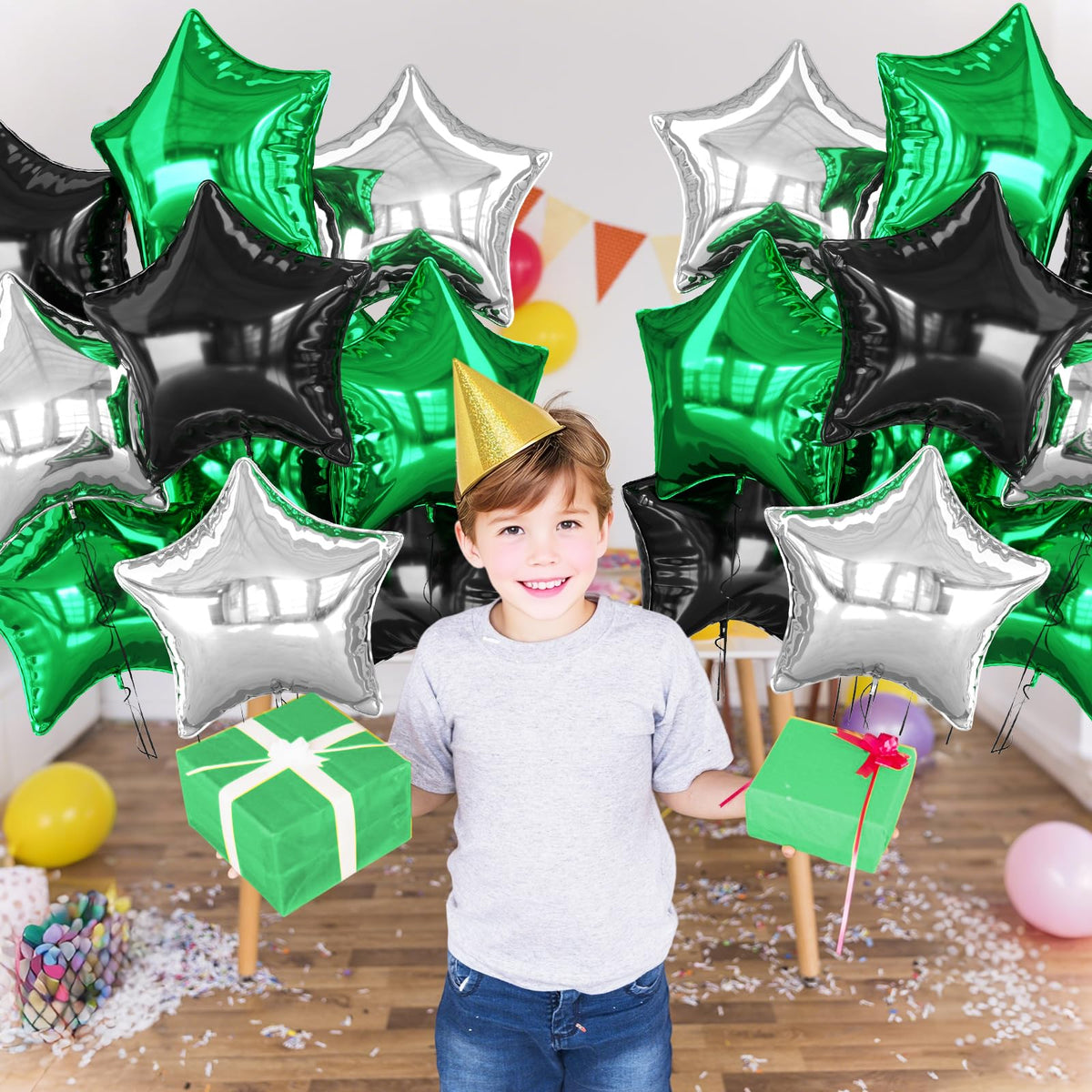 Biapian Green Black Silver Star Foil Balloons – 18in 10pc Set for Birthdays, Graduations & Parties