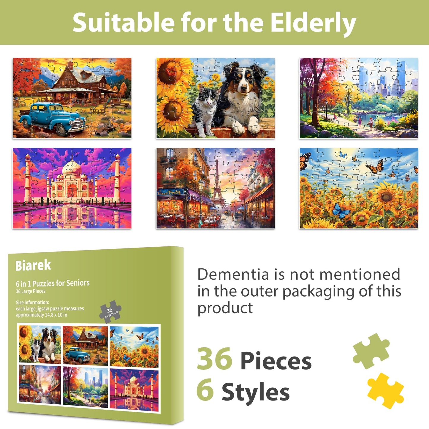 Biarek 6 Pack 36 Large-Piece Puzzles for Seniors – Easy Jigsaw for Dementia Activities + 6 Storage Bags