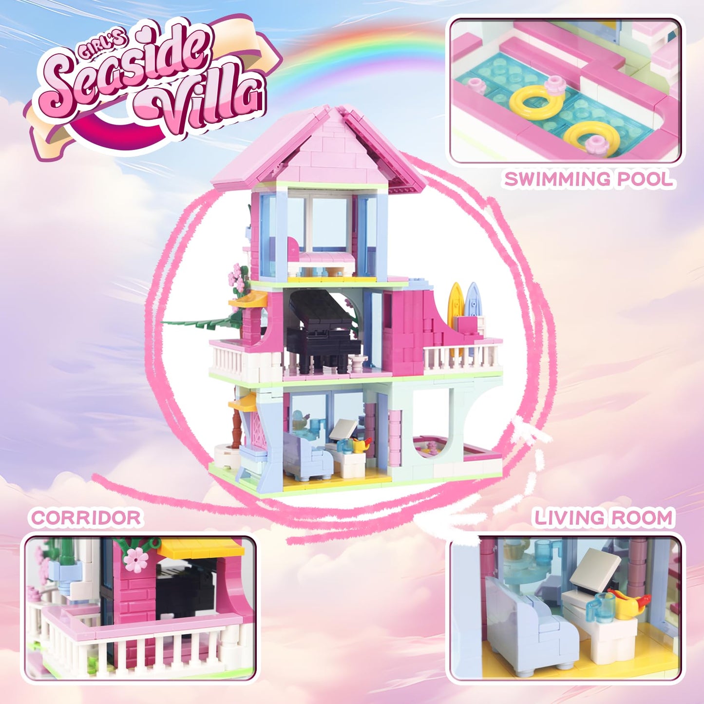 Bibilock 678PCS Pink Beach House Building Blocks Kit – Interactive Villa Toy for Kids 6–12