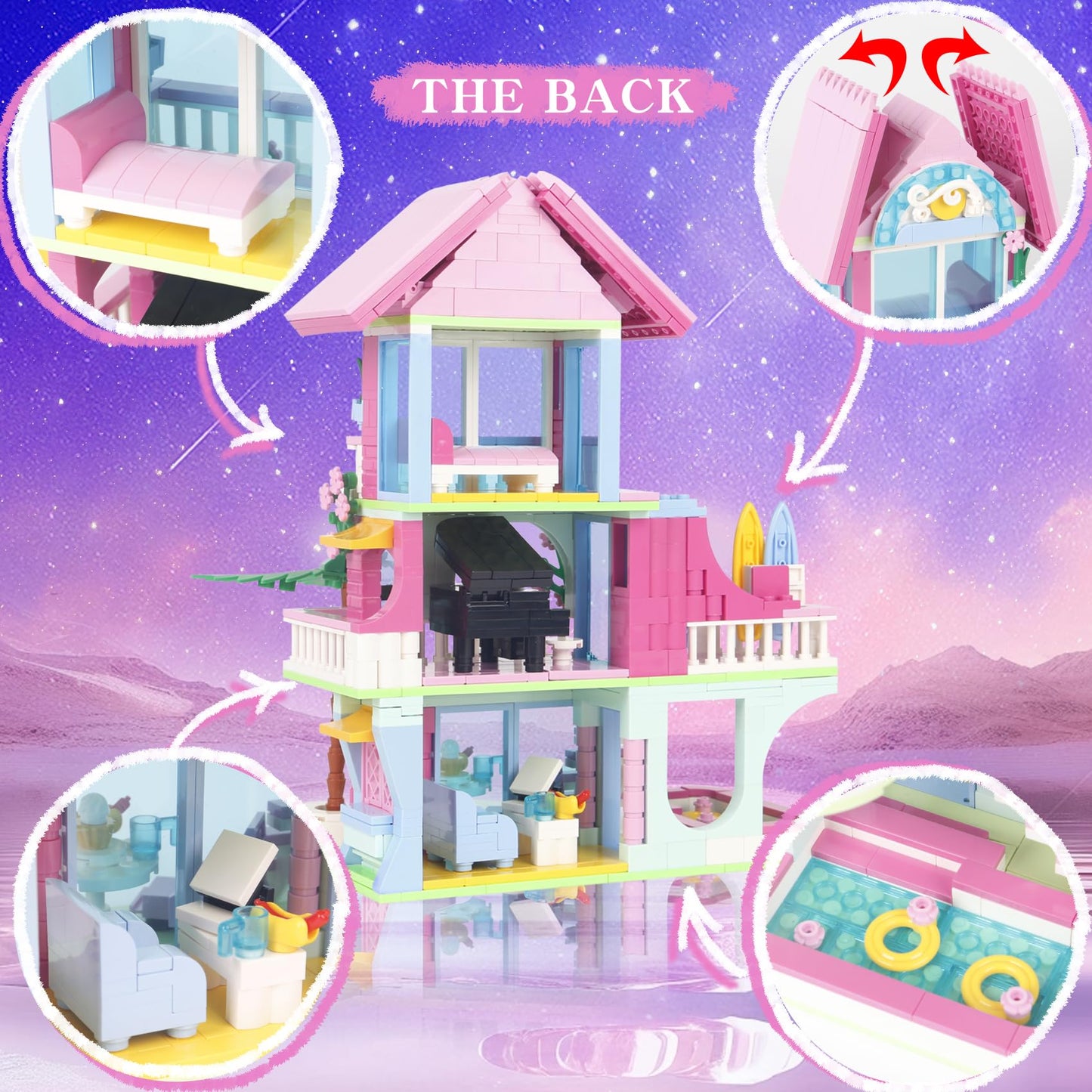 Bibilock 678PCS Pink Beach House Building Blocks Kit – Interactive Villa Toy for Kids 6–12