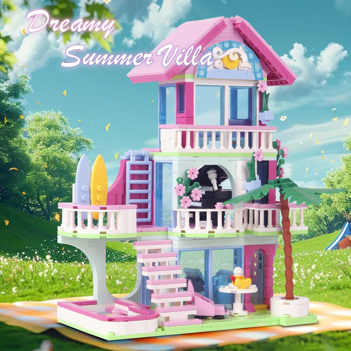 Bibilock 678PCS Pink Beach House Building Blocks Kit – Interactive Villa Toy for Kids 6–12