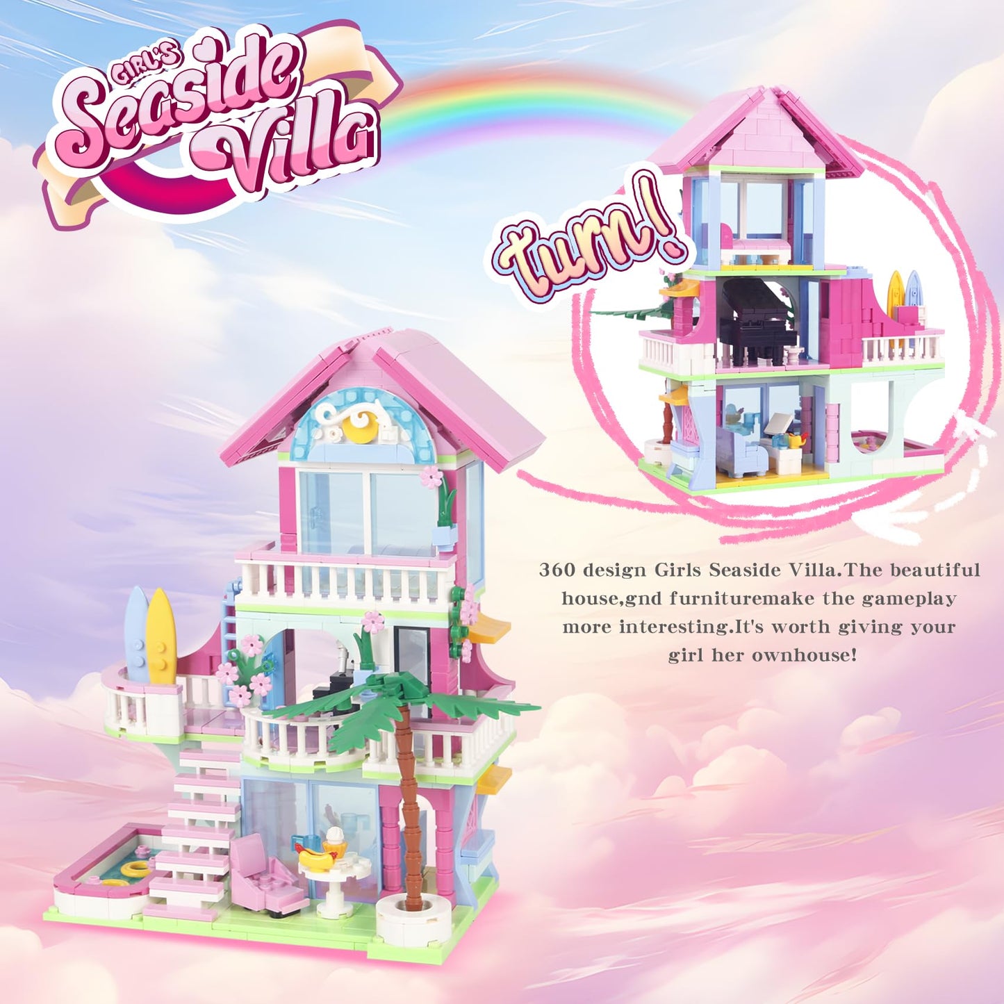 Bibilock 678PCS Pink Beach House Building Blocks Kit – Interactive Villa Toy for Kids 6–12