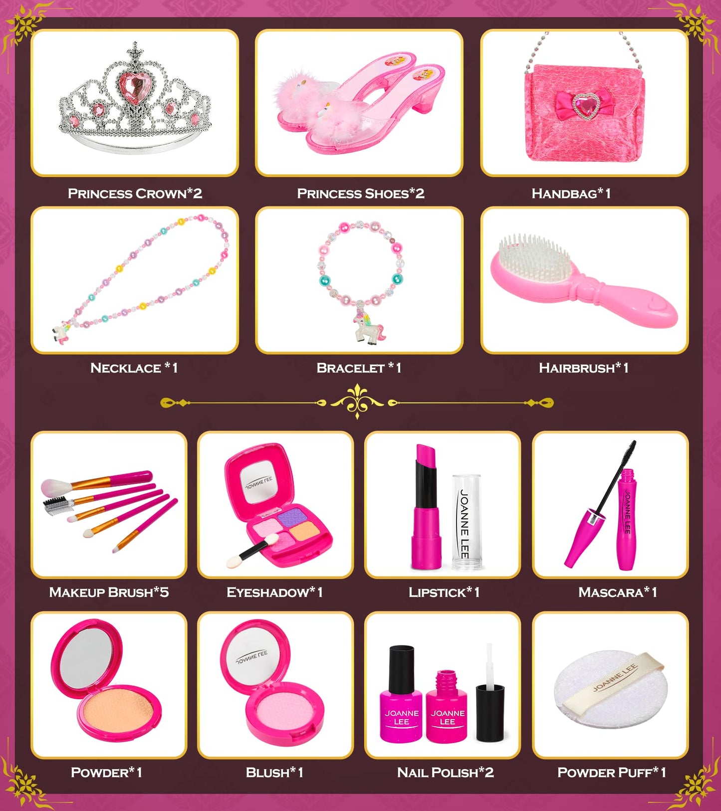 BIBUTY Kids Makeup Kit - Princess Dress-Up Shoes, Crowns & Handbag (Ages 3-6)