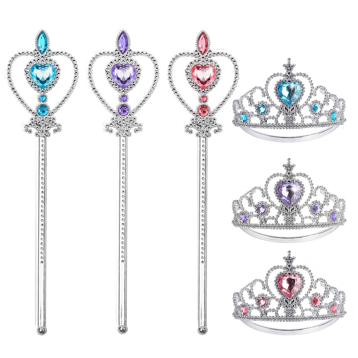 BIBUTY Princess Crown Tiara & Wand Set for Little Girls – 6-Piece Dress-Up Toys
