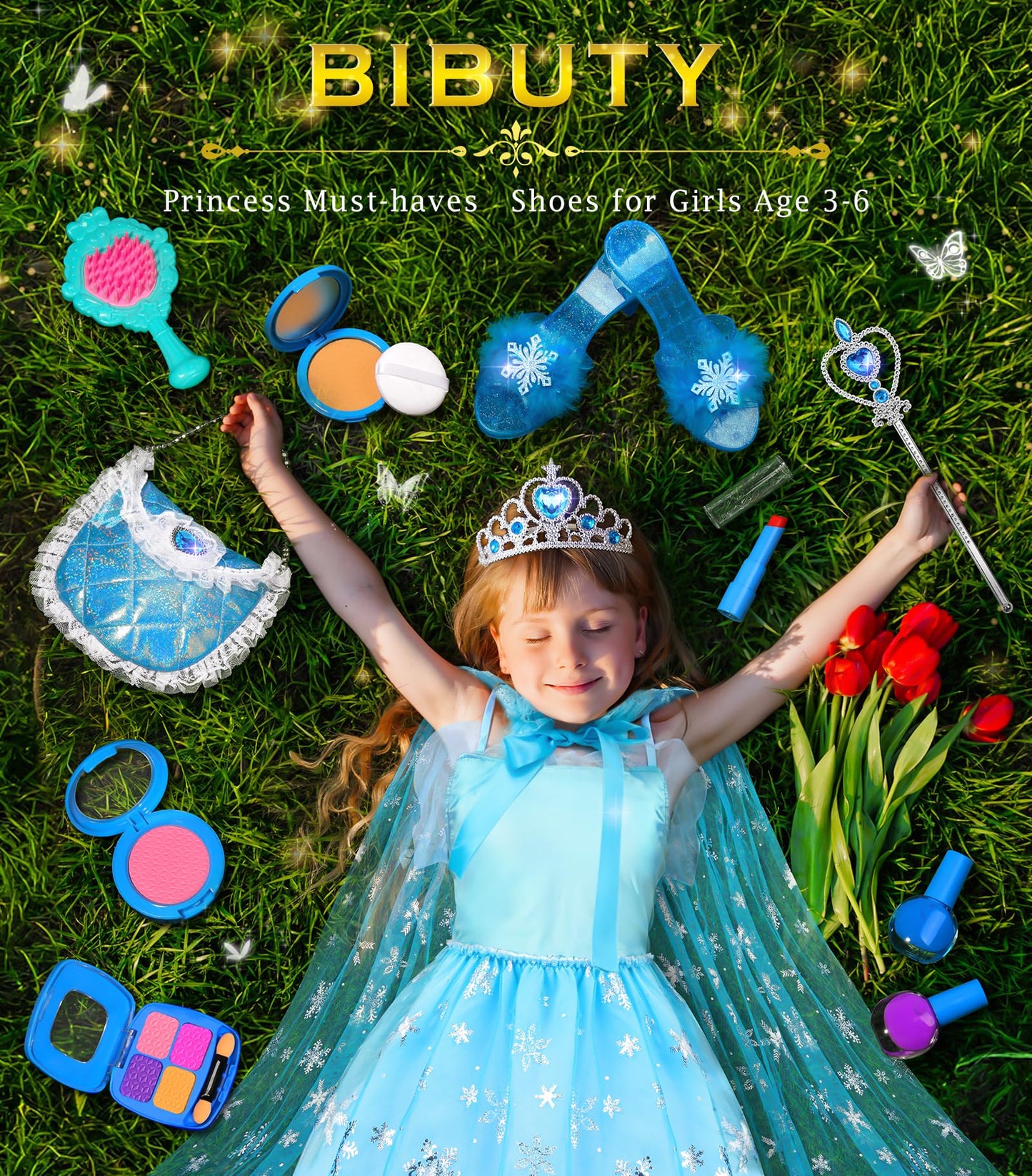 BIBUTY Kids Makeup Kit for Girls – Princess Dress Up Set with Cape, Crown & Shoes (Ages 3-6)