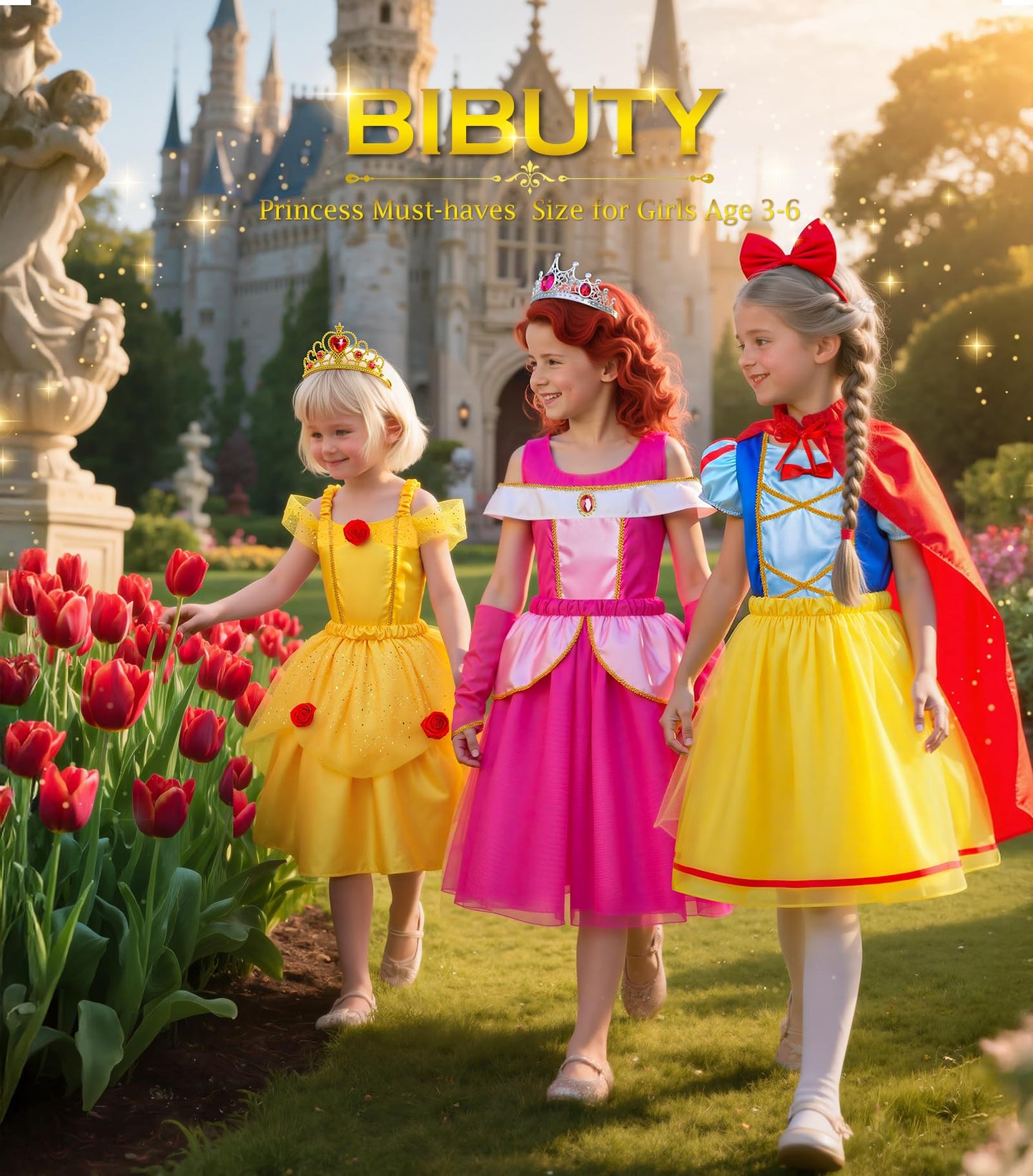 BIBUTY Princess Dress Up Set for Girls – 4 Outfits, Crowns & Cape