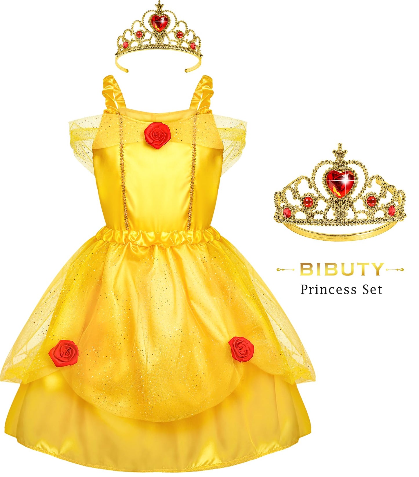BIBUTY Princess Dress Up Set for Girls – 4 Outfits, Crowns & Cape