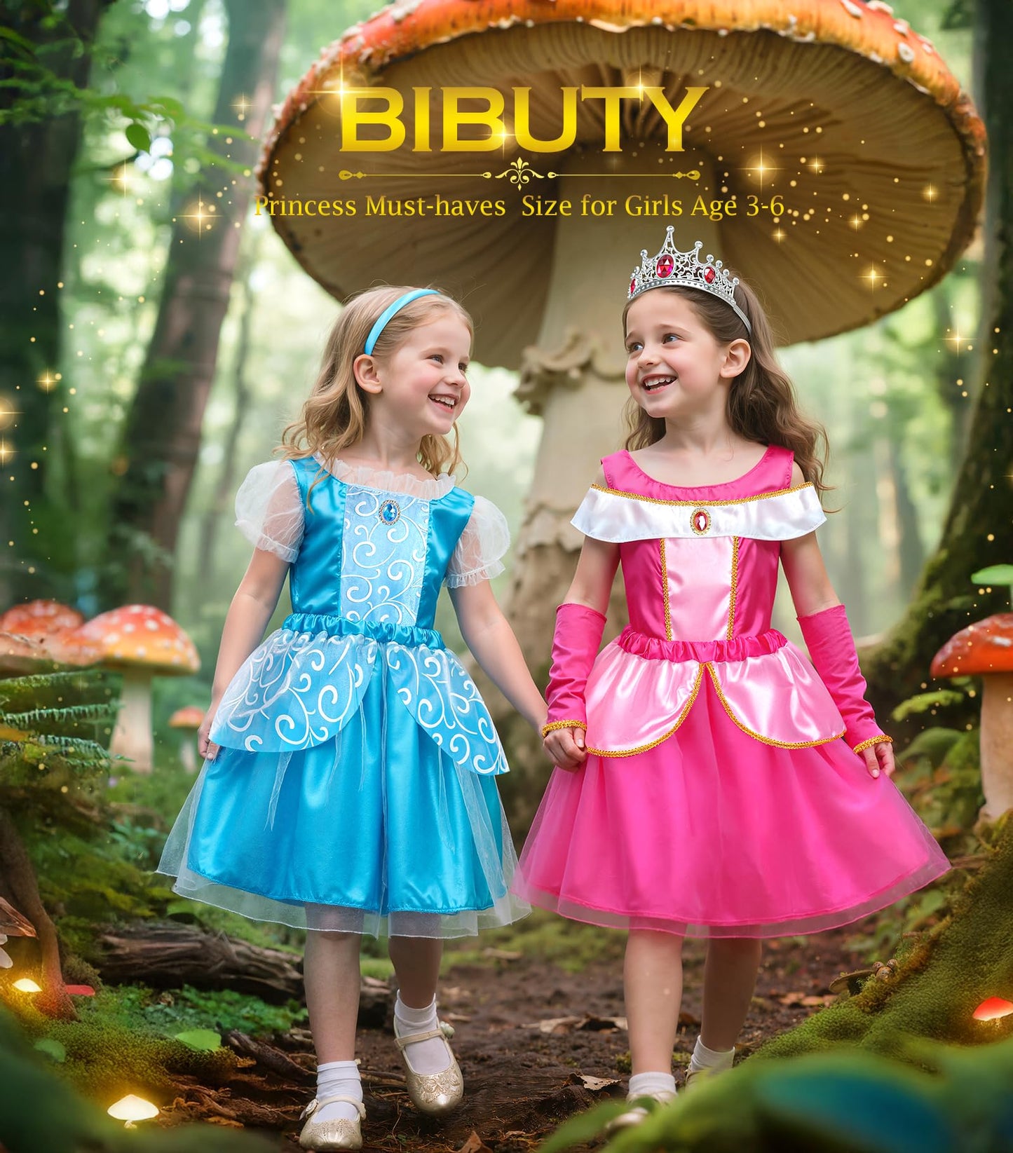BIBUTY Princess Dress Up Set for Girls – 4 Outfits, Crowns & Cape